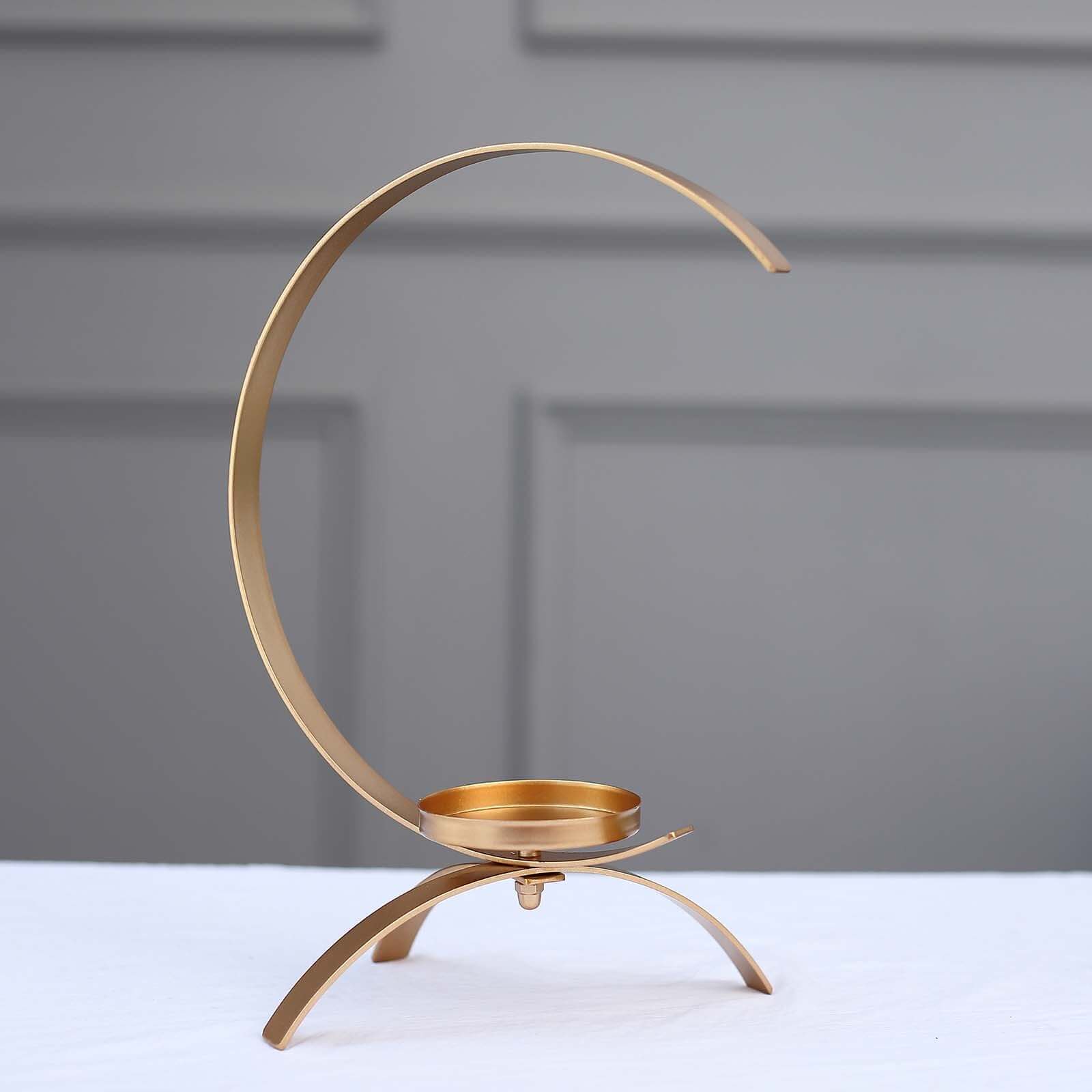 Moon Shaped Tealight Hurricane Candle Holder Gold Metal - Decorative Centerpiece Design 13"