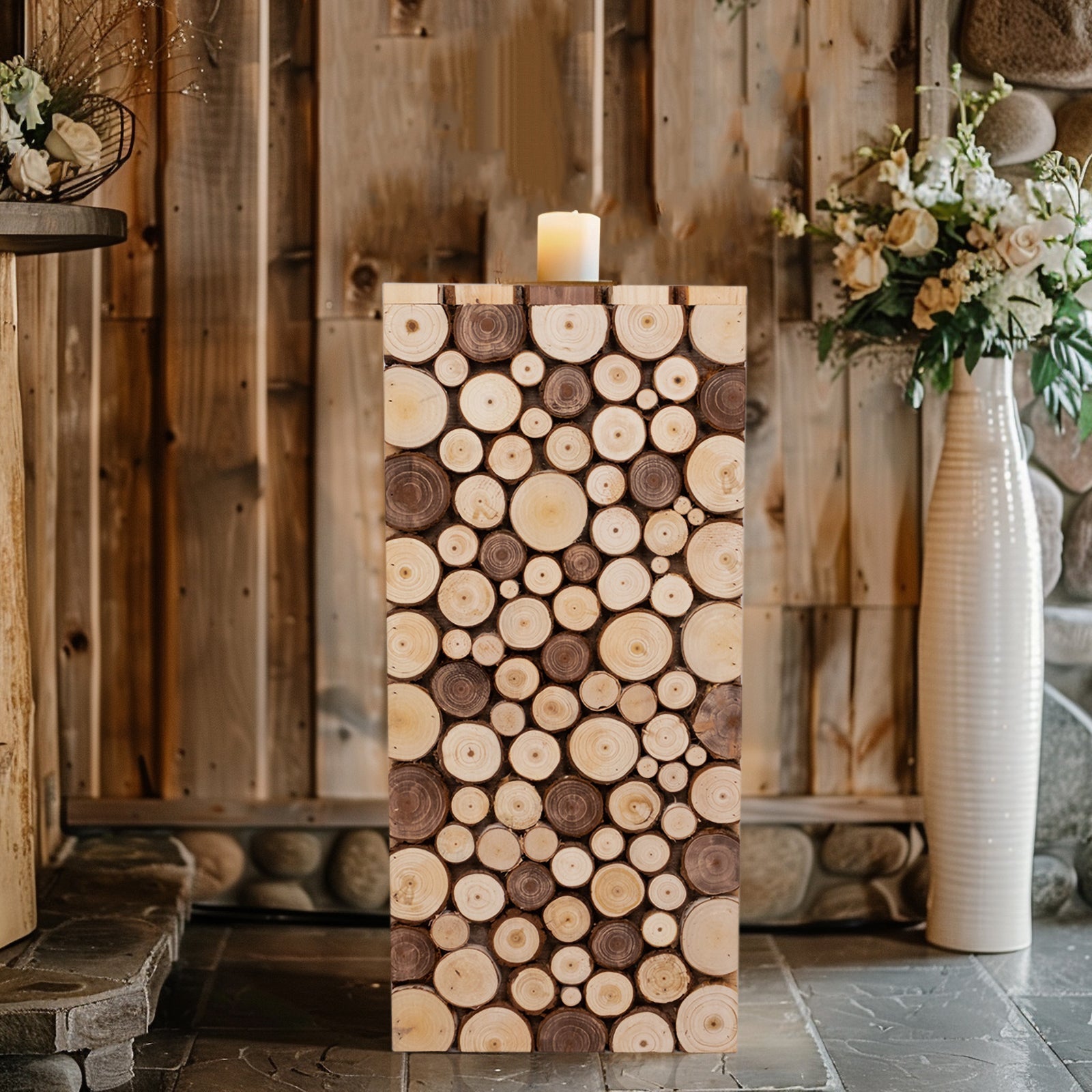 24" Natural Wooden Slices Pillar Prop Pedestal Stand, Rustic Farmhouse Wood Riser Rectangular Plant Stand