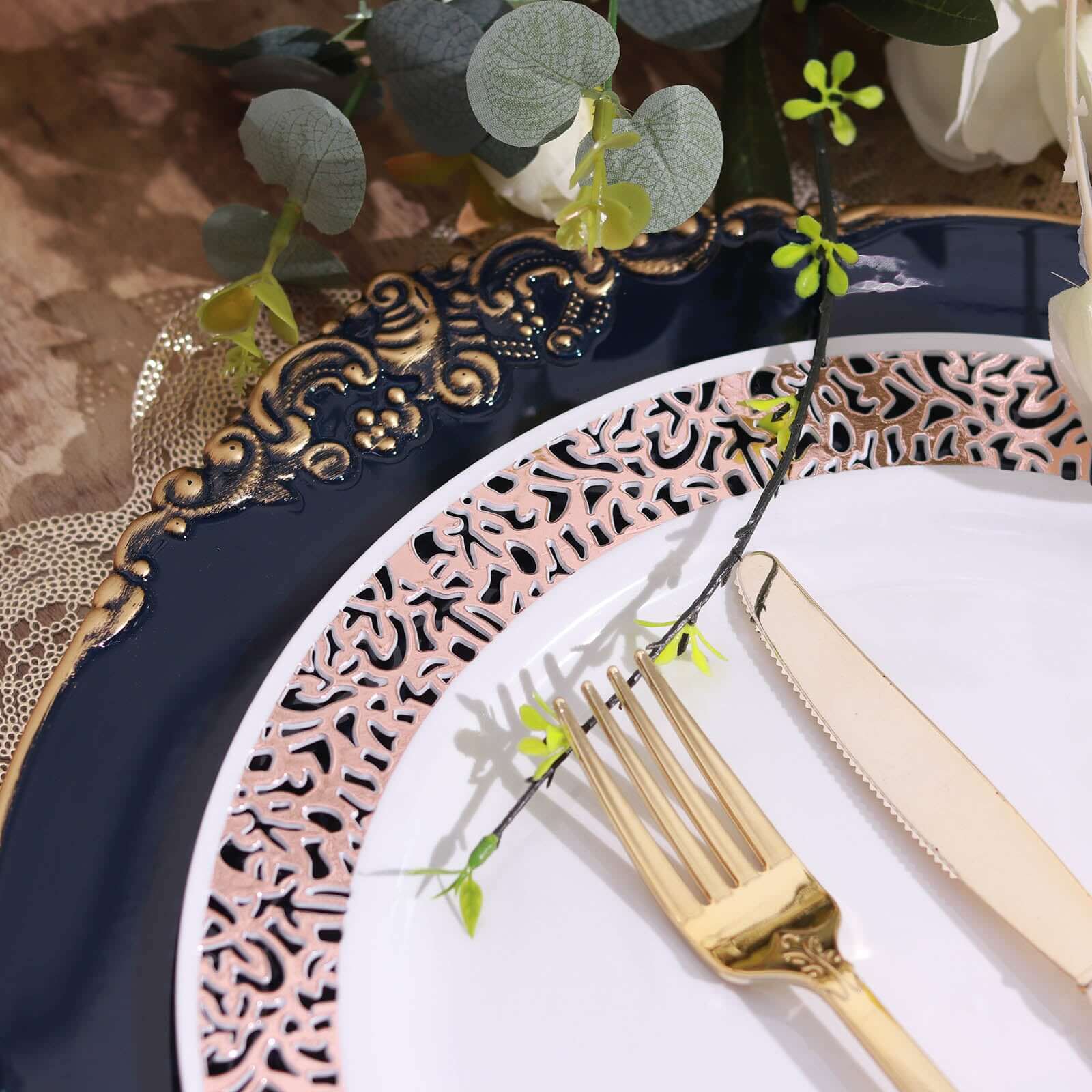 6-Pack Acrylic Round Charger Plates 13" in Navy Blue with Gold Embossed Baroque Rim, Antique Decorative Dinner Party Charger Tableware