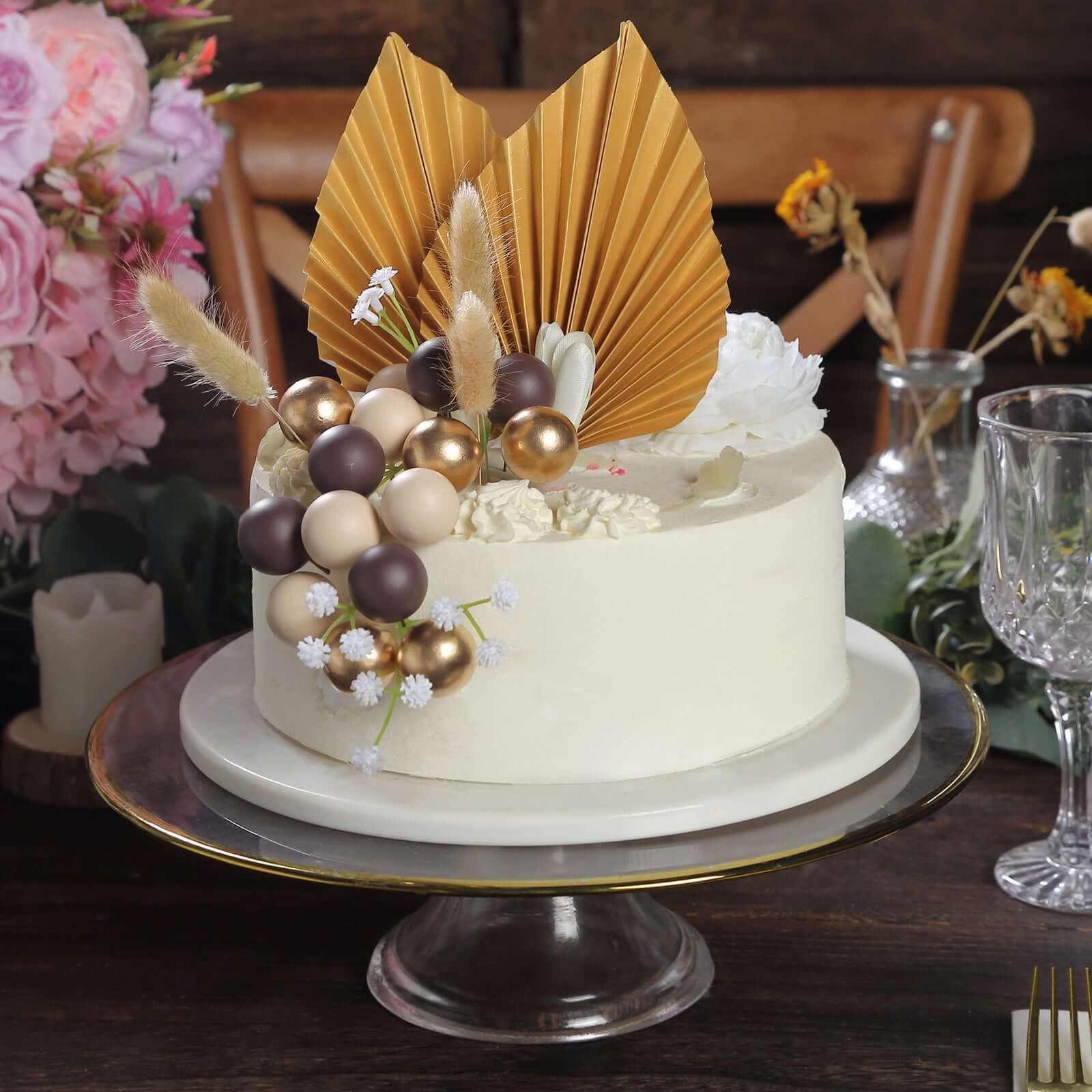 25-Pack Cake Toppers Gold Boho Style Palm Leaf and Flower Ball Design - Coffee Ball Cake Decoration Set Assorted