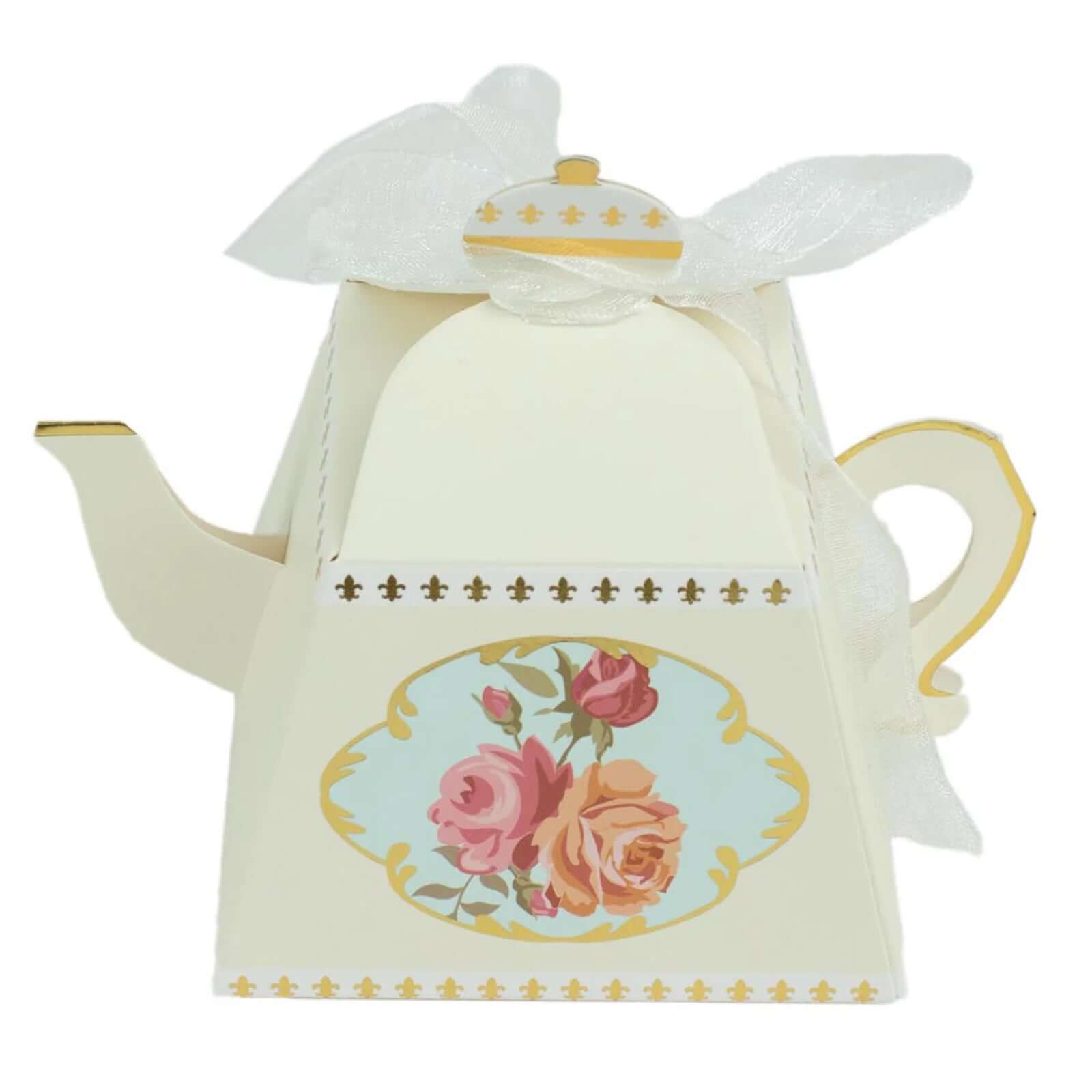 25 Pack 4" Ivory Mini Teapot Favor Boxes, Vintage Rose Gift Boxes with Ribbons