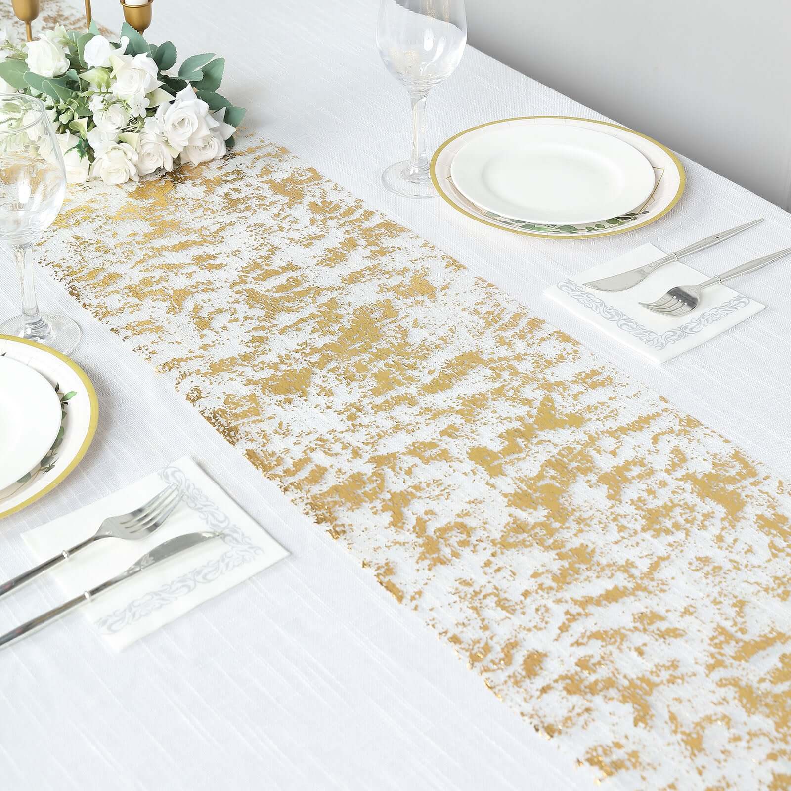 Mesh Polyester 108" Table Runner Roll Metallic Gold Distressed Foil Printing Design - Disposable Stylish Party Table Decor