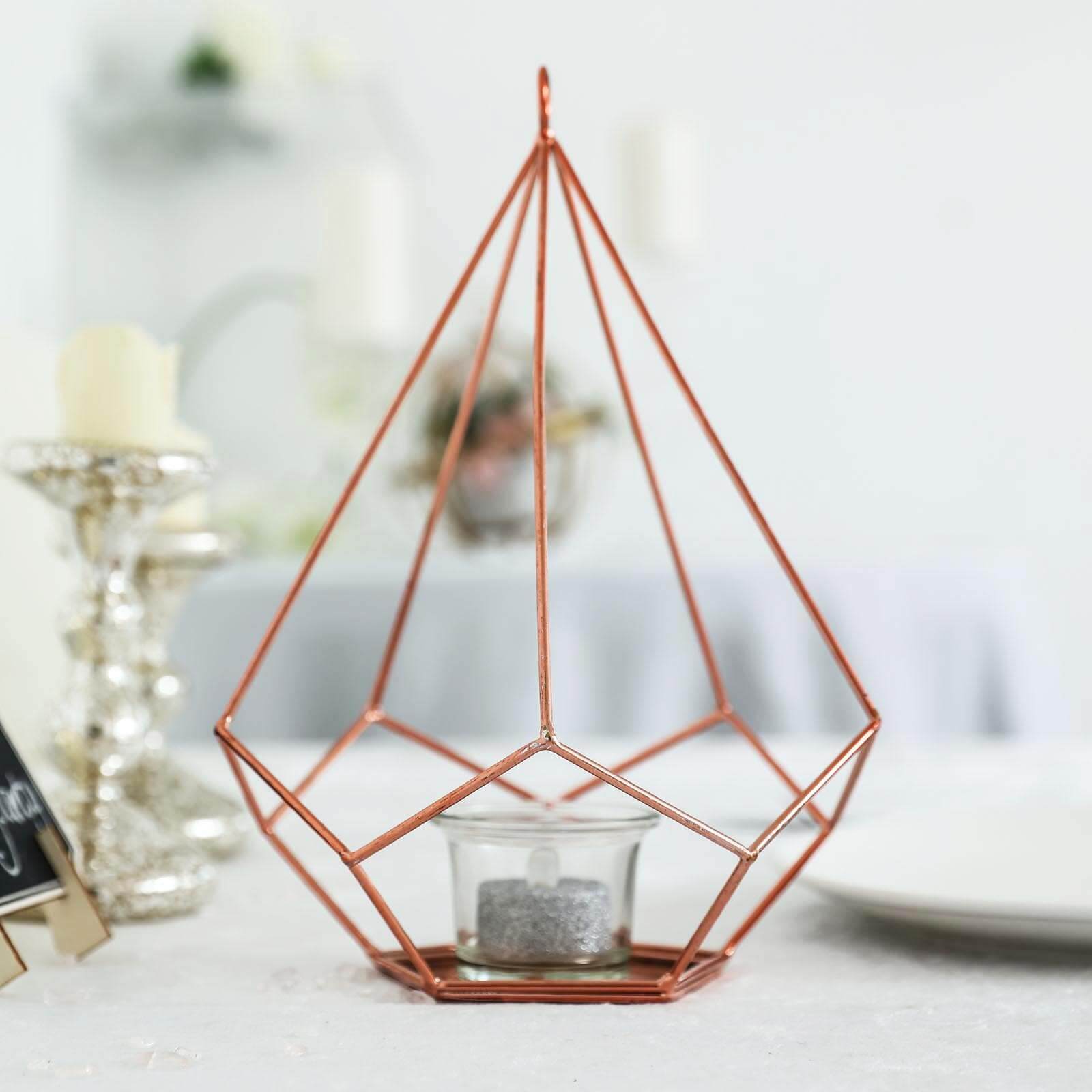 2-Pack Tealight Candle Holders Rose Gold Metal Pentagon Geometric Open Frame - Flower Stand 9"