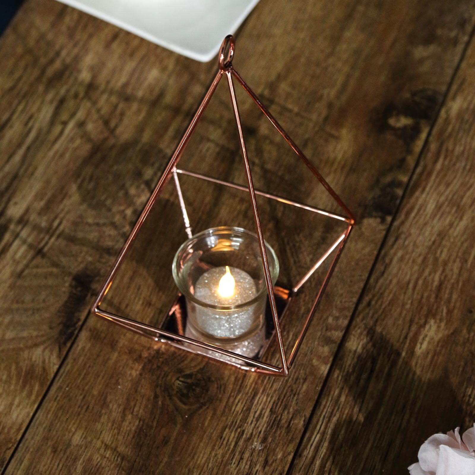 2-Pack Tealight Candle Holders Rose Gold Metal Pyramid Geometric Open Frame - Flower Stand 9"