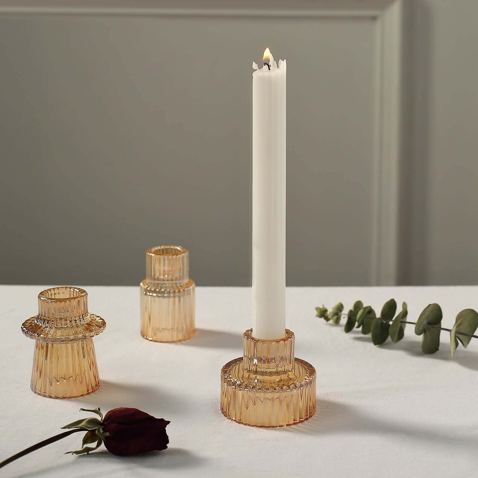 Set of 6 Glass Taper Candle Holders Ribbed Crystal Design Amber Gold - Reversible Mini Votive Tealight Stands 3"
