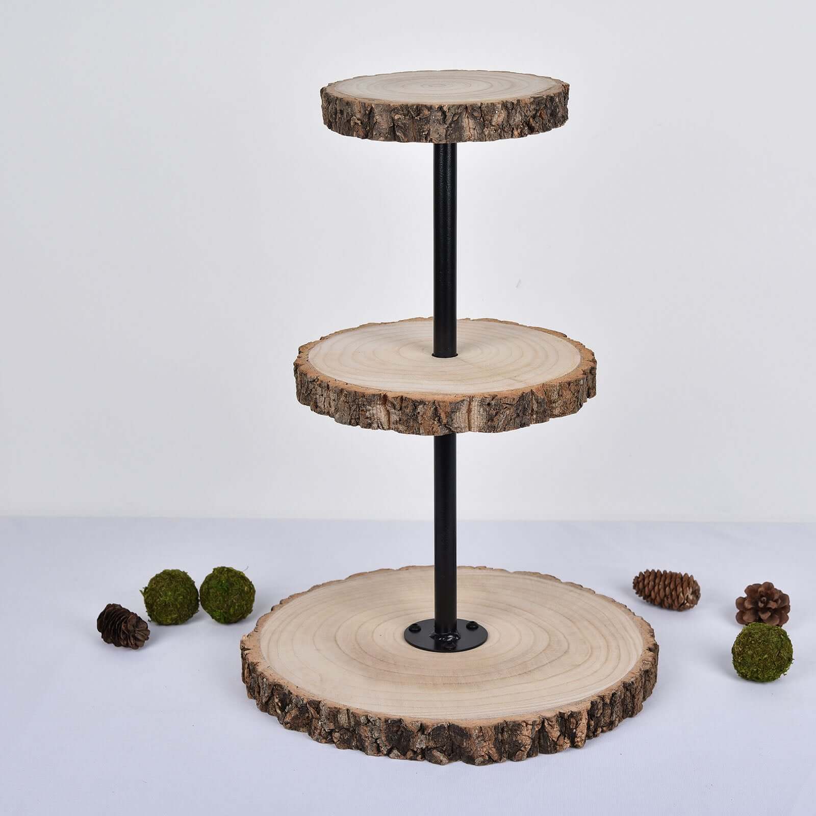 3-Tier Wooden Cheese Board Stand Tower Design Natural Wood Slice - Rustic Cupcake Centerpiece with Assembly Tools 19"