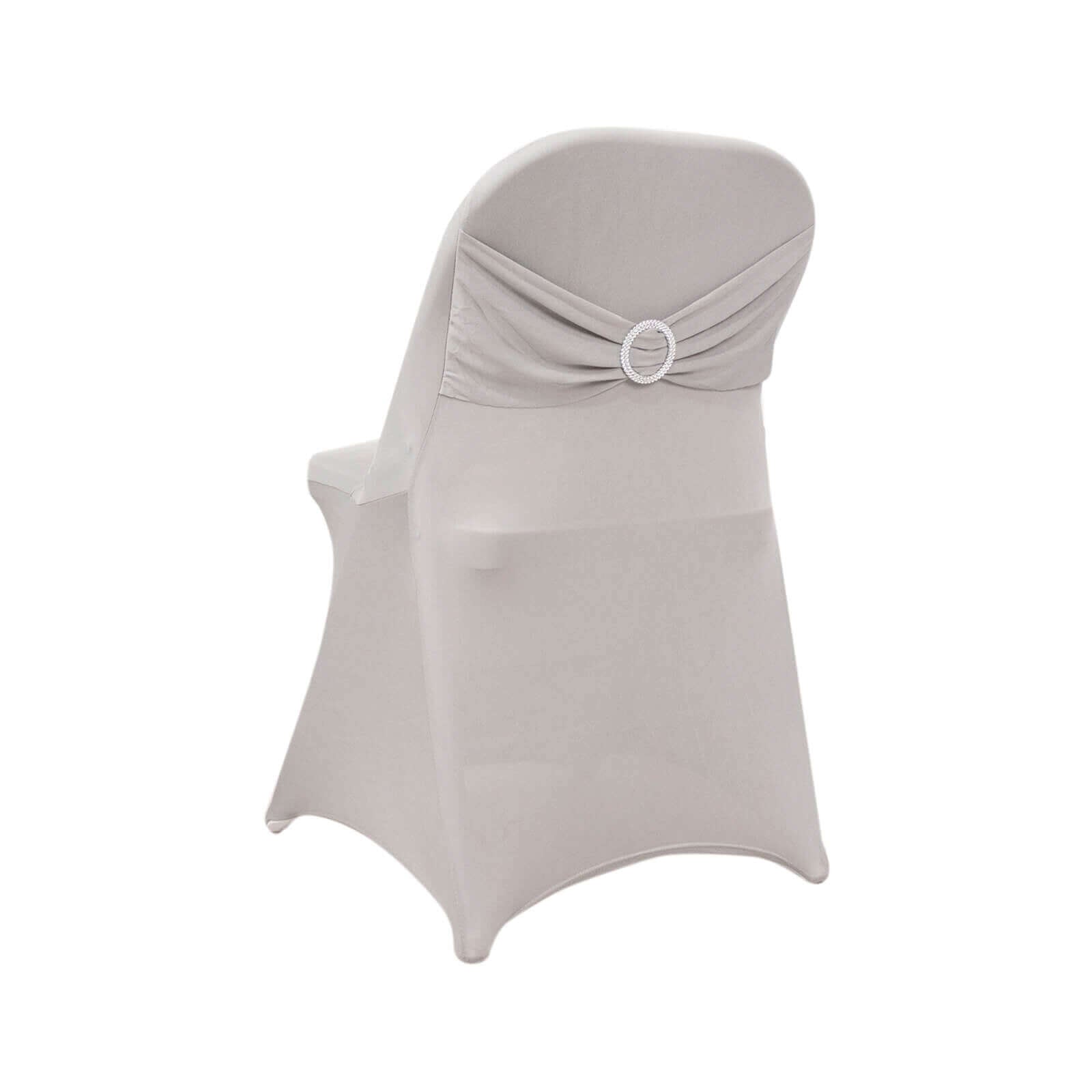 Stretch Spandex Chair Cover Silver for Folding Chairs - Secure Fit Slipcover with Silver Rhinestone Buckled Sash Band