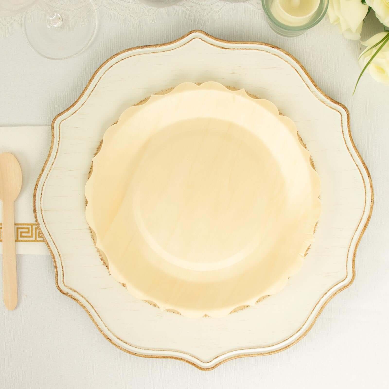 12-Pack Birchwood 9" Round Dinner Plates in Natural with Scalloped Rim - Eco Friendly Wooden Disposable Plates for Farmhouse-Style Events, Parties & Gatherings