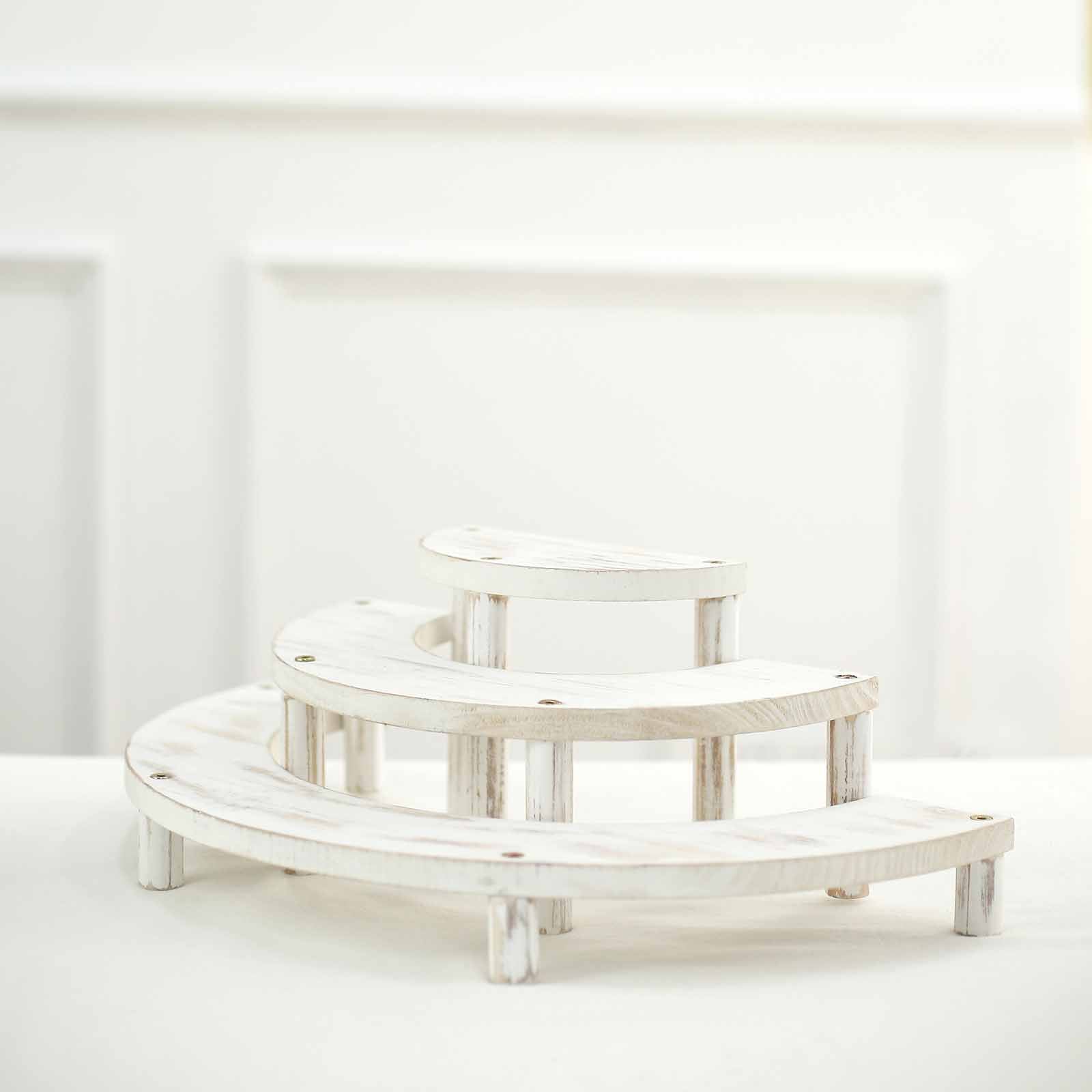 Set of 3 Wooden Dessert Pedestals Rustic Whitewashed 3-Tier Semicircle Design - Half Moon Cupcake Display Risers 7", 13", 18"