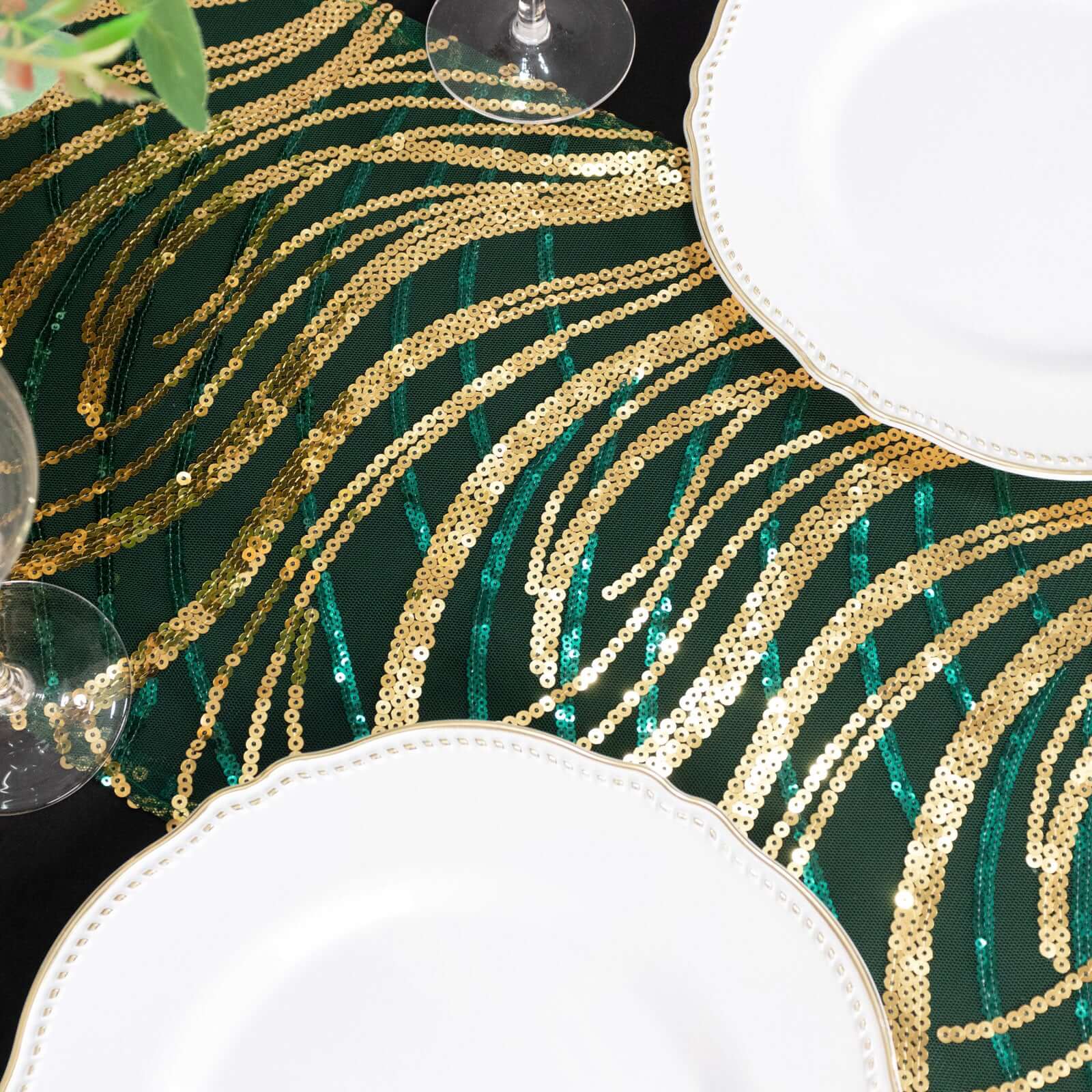 Sequin Mesh 12"x108" Table Runner Hunter Emerald Green Stylish Wave Embroidery