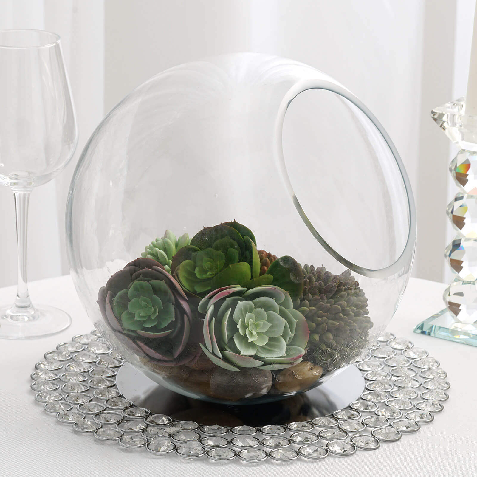 Glass Sphere Vase Slant Cut Design Clear - Hobnail Bubble Candle Holder for Wedding Tables 9"