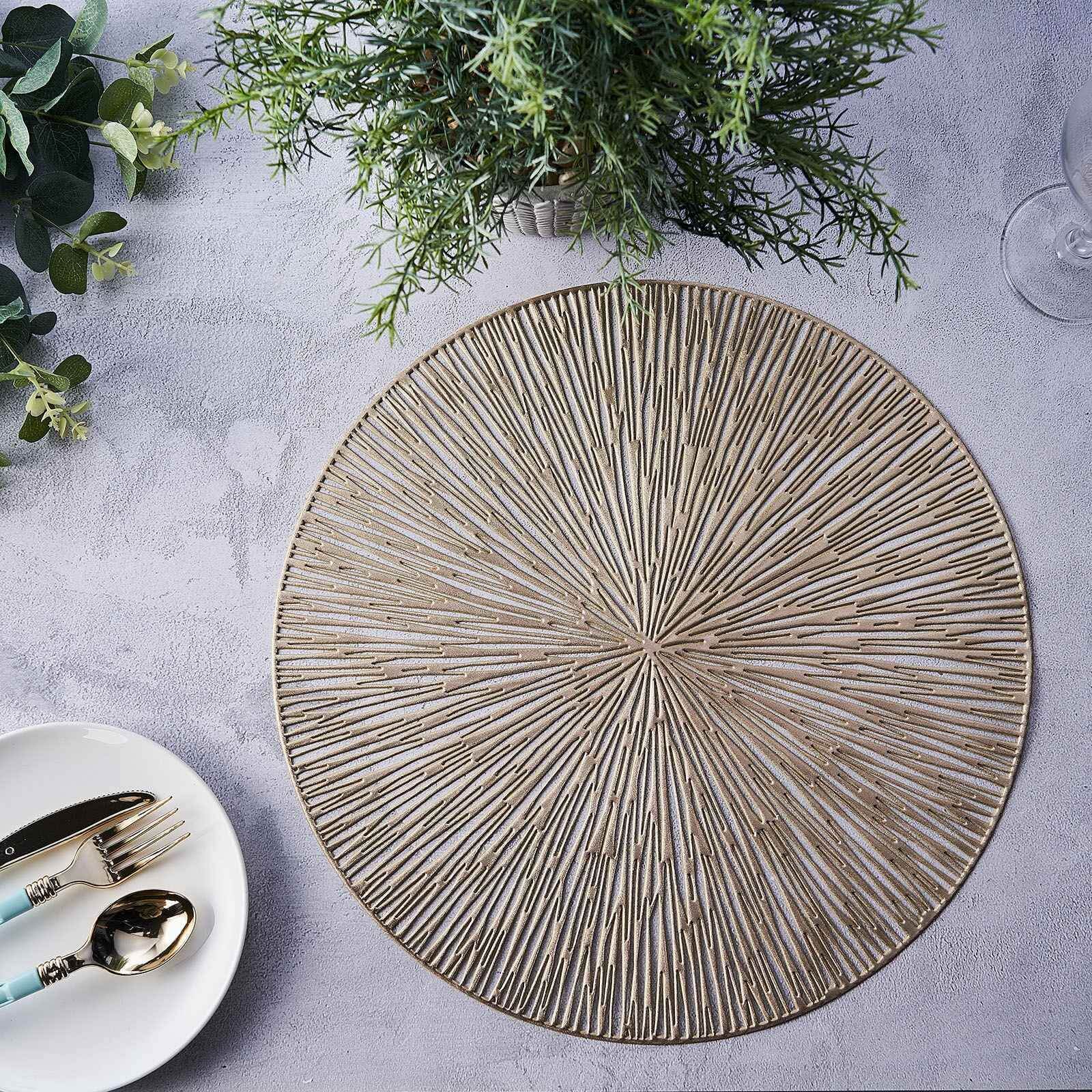 6-Pack Dining Table Mats Spiked Design Gold - Vinyl Non-Slip Surface with Modern Appeal 15"
