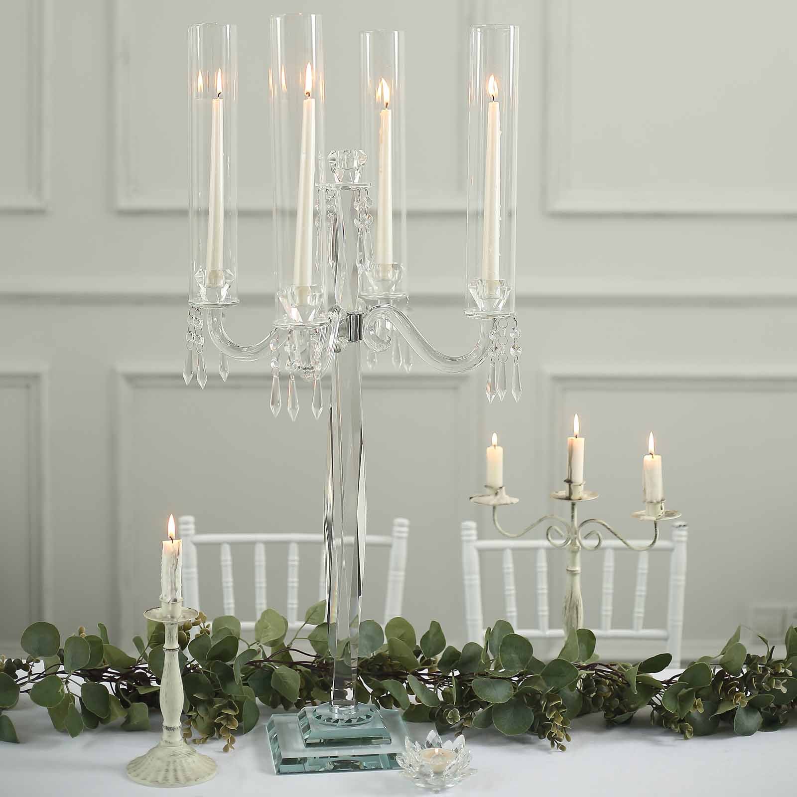 4 Arm Crystal Glass Taper Candle Holder Candelabra, Decorative Table Centerpiece With Chandelier Chains 36"