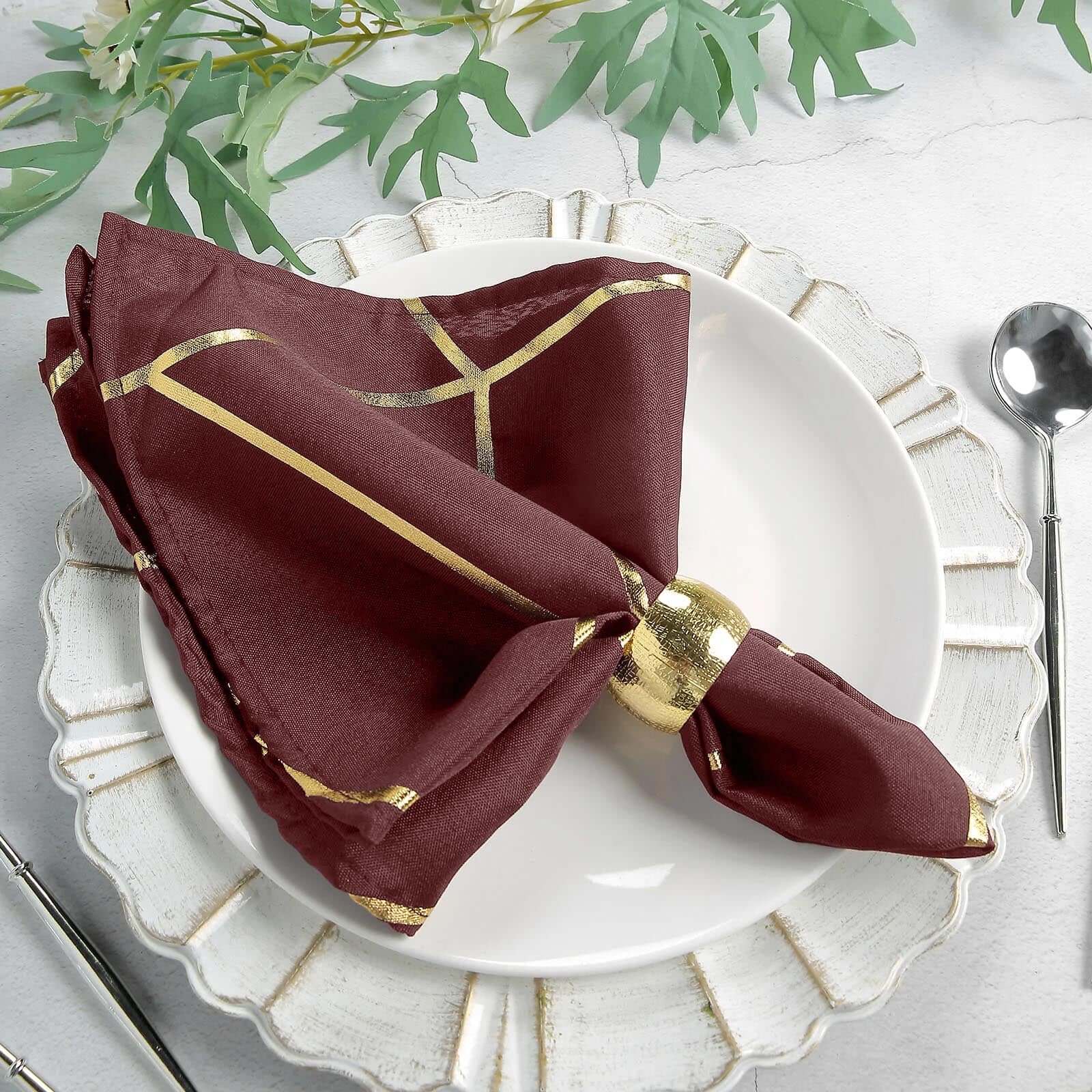 5 Pack Modern Burgundy and Geometric Gold Cloth Dinner Napkins 20"x20"