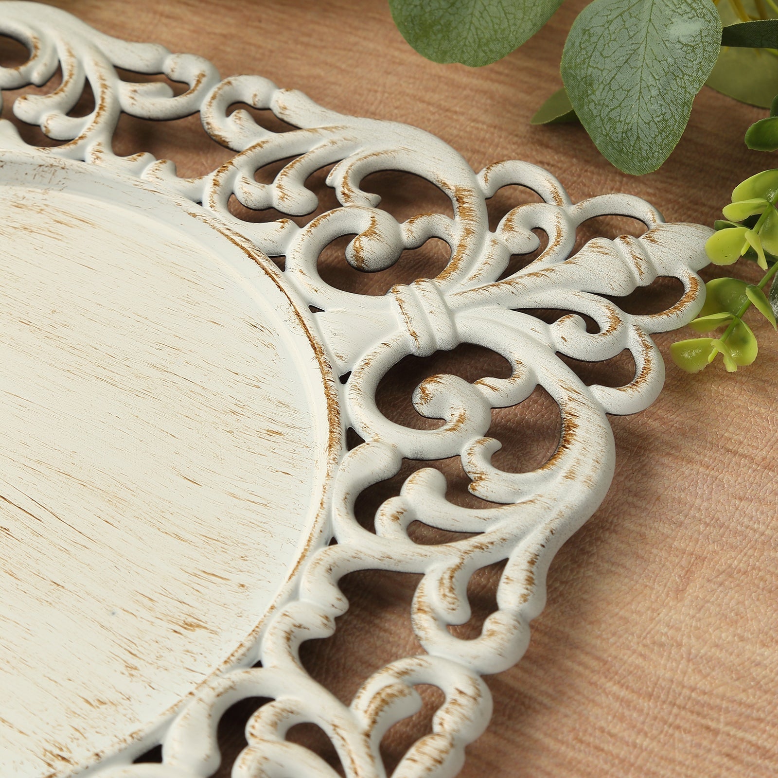 6-Pack Acrylic Square Charger Plates 12" Whitewashed with Hollow Lace Border, Event Tabletop Decorative Charger Tableware