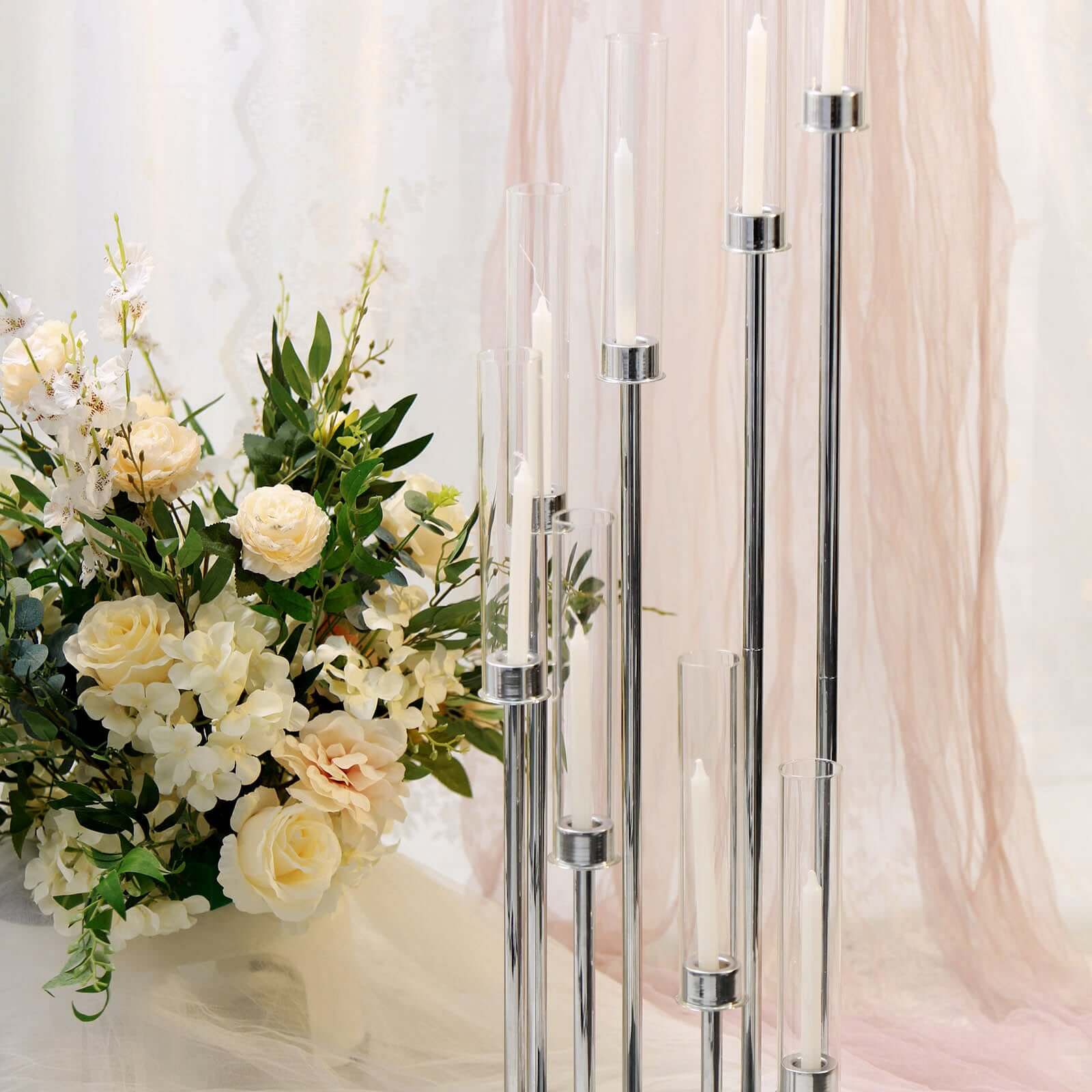 8 Arm Cluster Taper Candle Holder Silver - Stunning Large Candle Arragement With Clear Glass Shades for Grand Banquets & Celebrations 42"