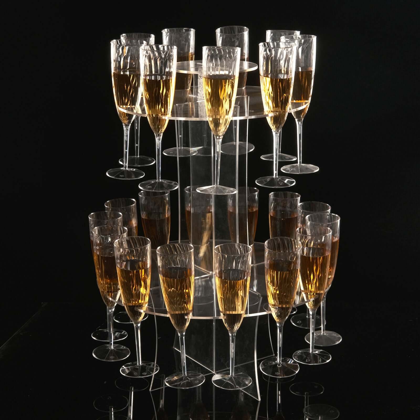 3-Tier Round Champagne Glass Holder Tower Clear Acrylic - Flute Display Rack Cocktail Tree Stand Holds 23 Stemware + 1 Bottle for Professional & Home Use 21"
