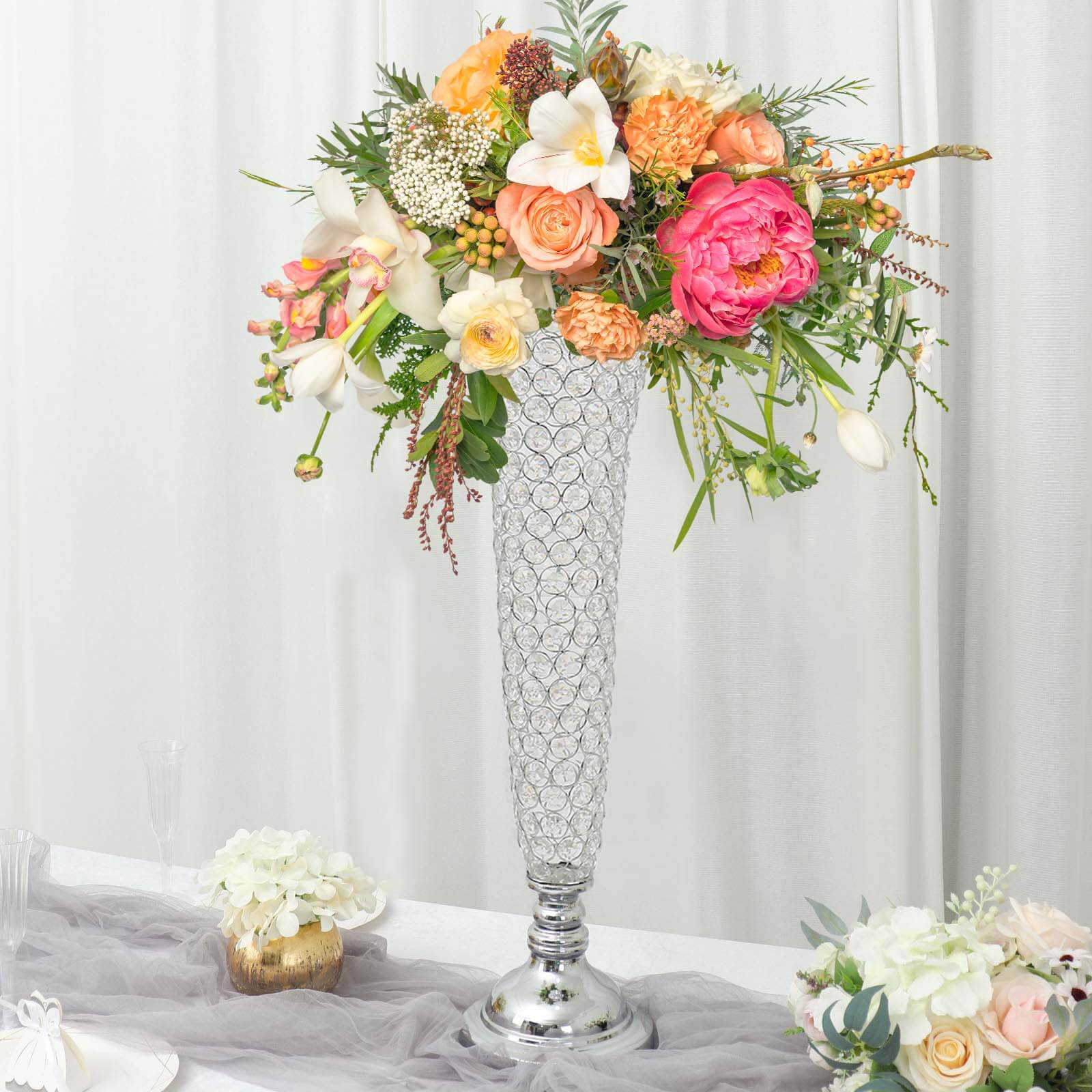 3-Pack Crystal Beaded Trumpet Vase Silver - Exquisite Floral Display Centerpiece Stand Set for Banquets & Receptions 28" Tall