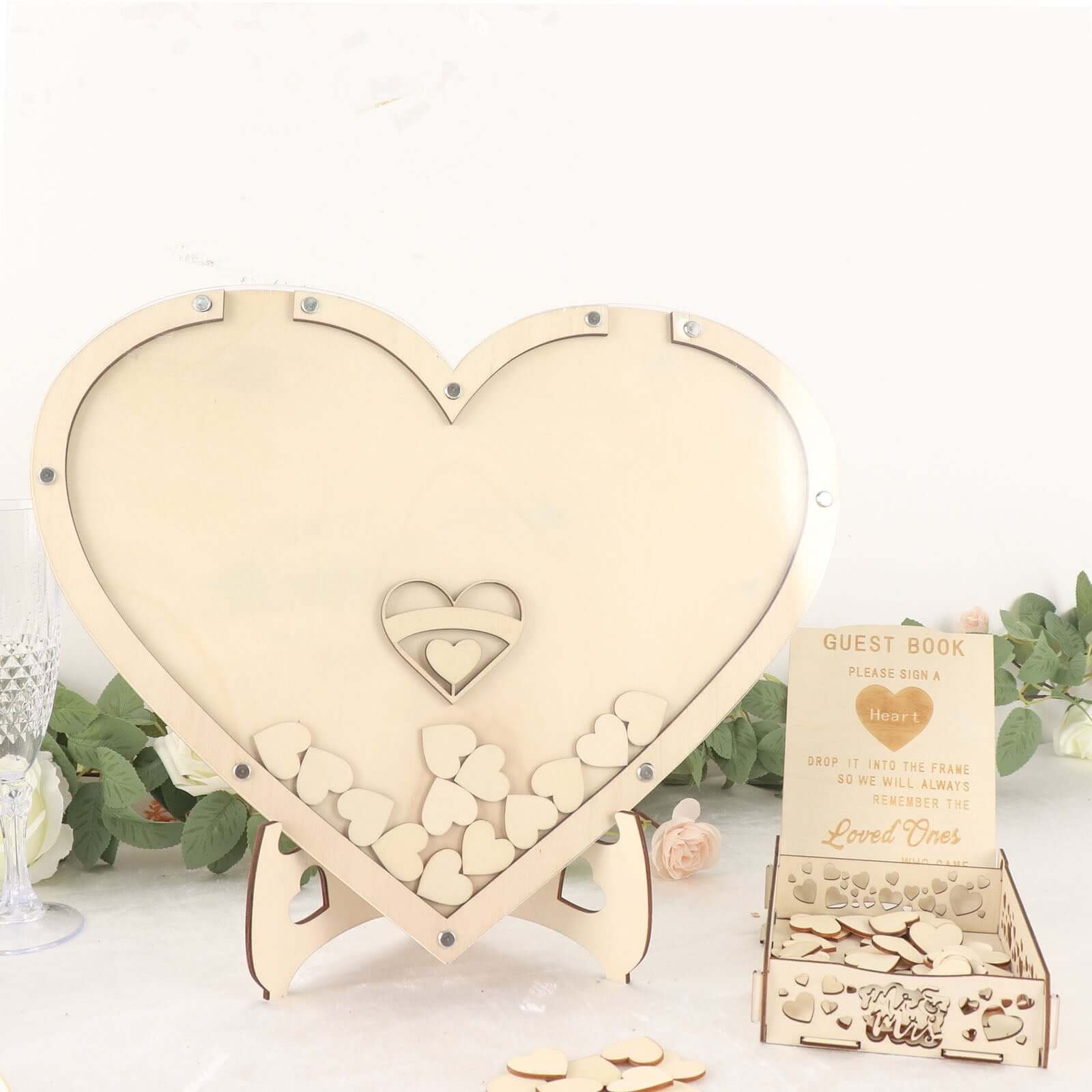 13" Wooden Heart Drop Top Frame Wedding Guest Book Alternative, Rustic Sign Display Stand