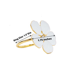 4 Pack White and Gold Metal Flower Napkin Rings, Floral Serviette Buckle Napkin Holder Set - Plum Blossom Design