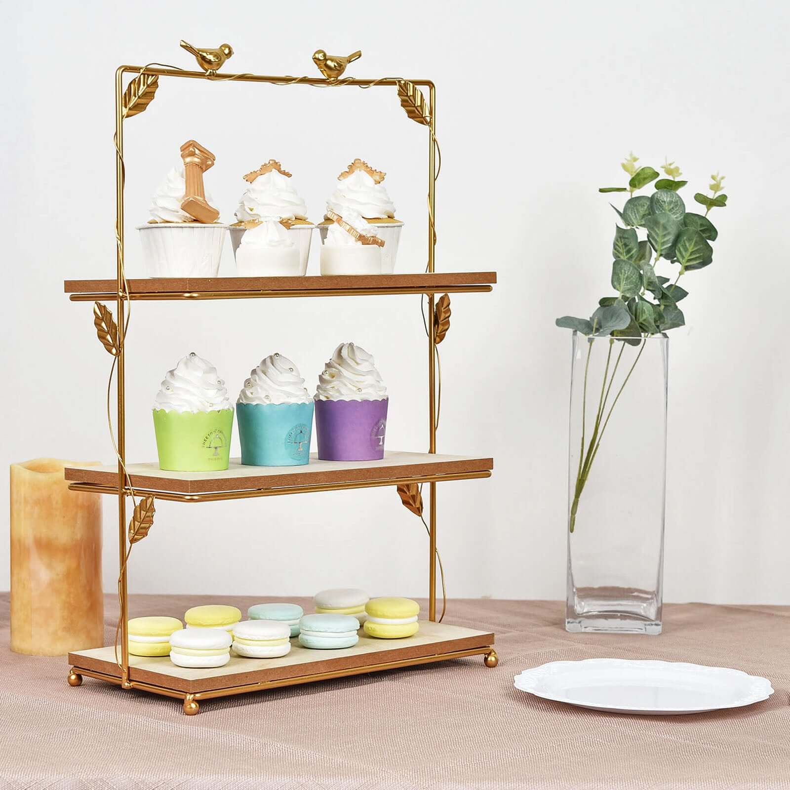 3-Tier Wooden Cheese Board Stand Rectangular Gold/Wood Slice Design - Rustic Cupcake Tower Centerpiece with Assembly Tools 19"