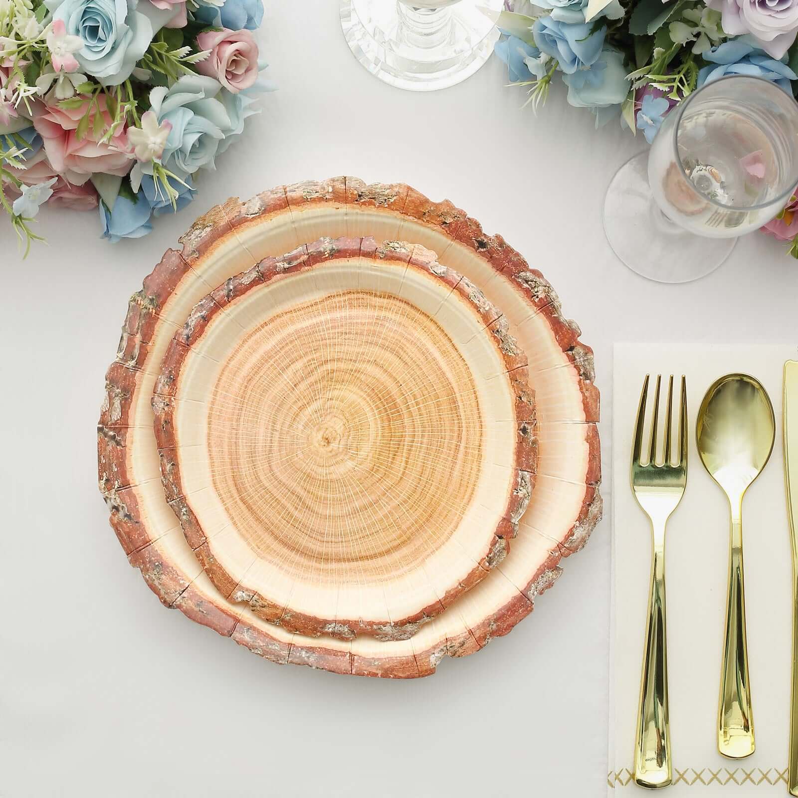 25-Pack Paper 10" Round Dinner Plates in Natural Wood Slice Print - Rustic & Nature-Inspired Disposable Party Plates