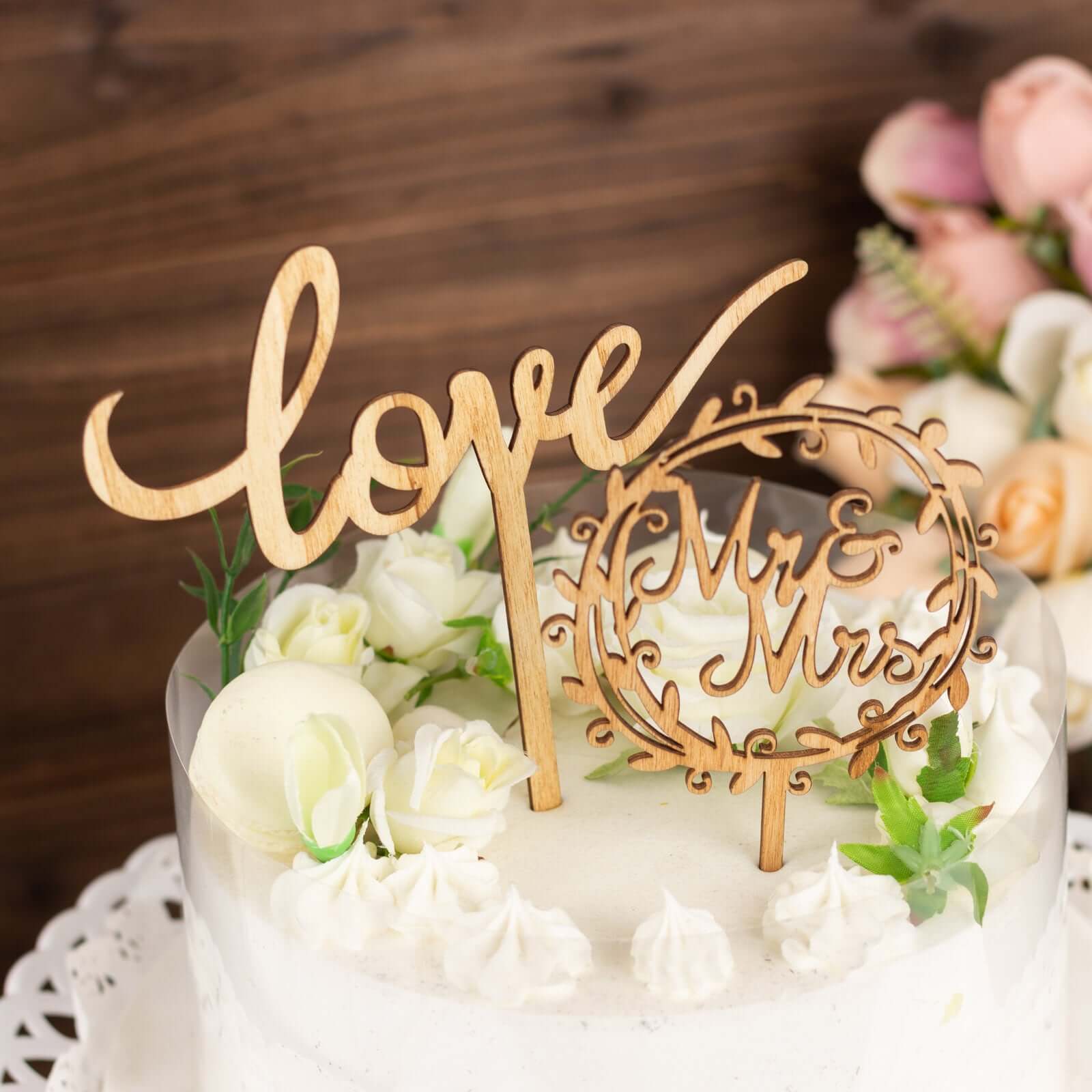 Set of 2 Wooden Cake Toppers Mr & Mrs and Love Design Natural - Rustic Wedding Cupcake Decorations