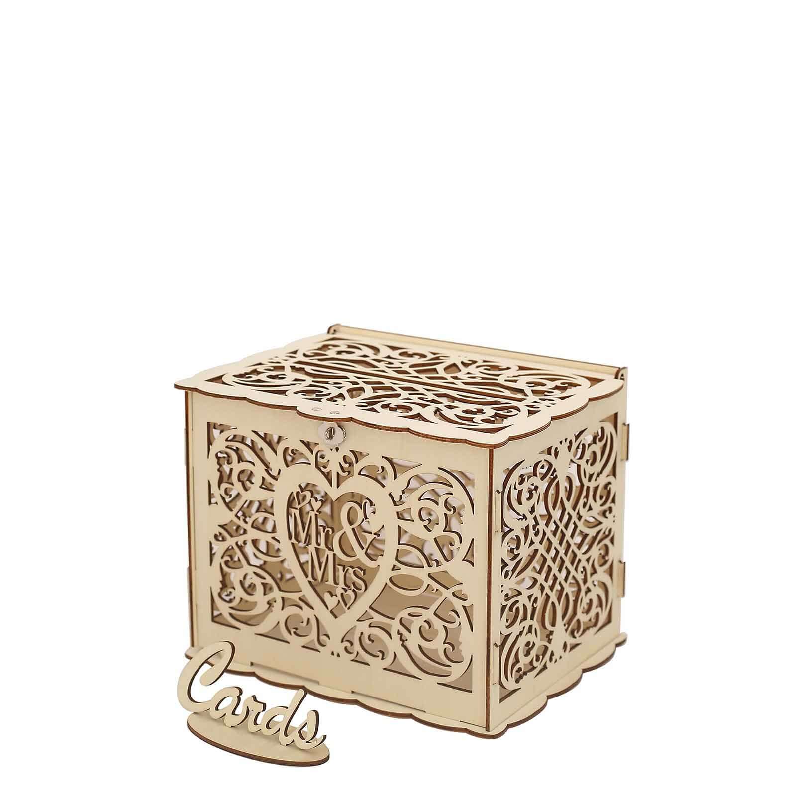 Natural Wooden Laser Cut "Mr. & Mrs." Wedding Card Box With Label, Rustic DIY Hollow Money Box And Stand - 12"x9"