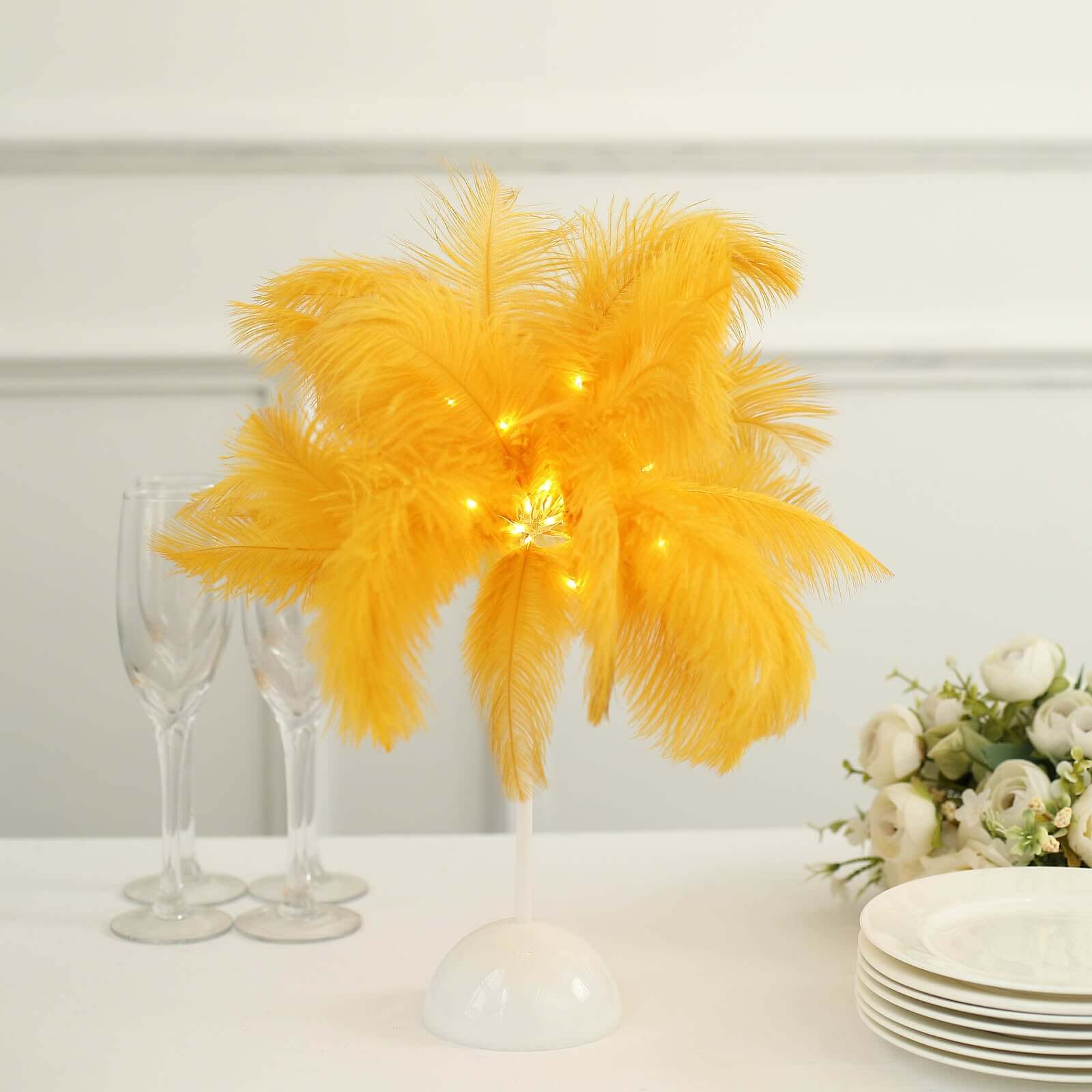 Table Lamp Ostrich Feather Design Gold LED Battery Operated - Cordless Wedding Centerpiece 15"