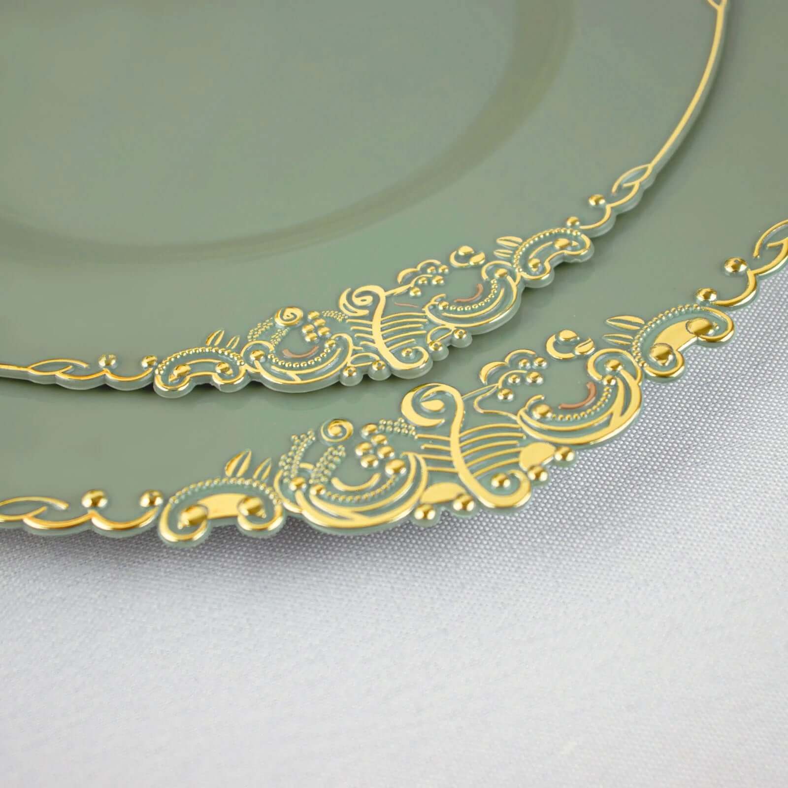 10-Pack Plastic 8" Round Dessert Plates in Dusty Sage Green with Gold Leaf Embossed Rim - Disposable Vintage Baroque Style Salad Plates