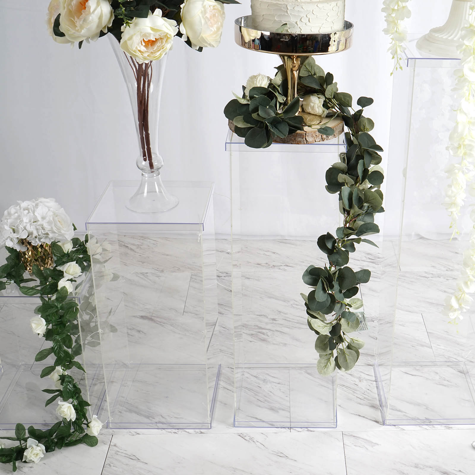 Set of 5 Clear Acrylic Display Boxes, Transparent Pedestal Risers with Interchangeable Lid and Base - 12",16",24",32",40"