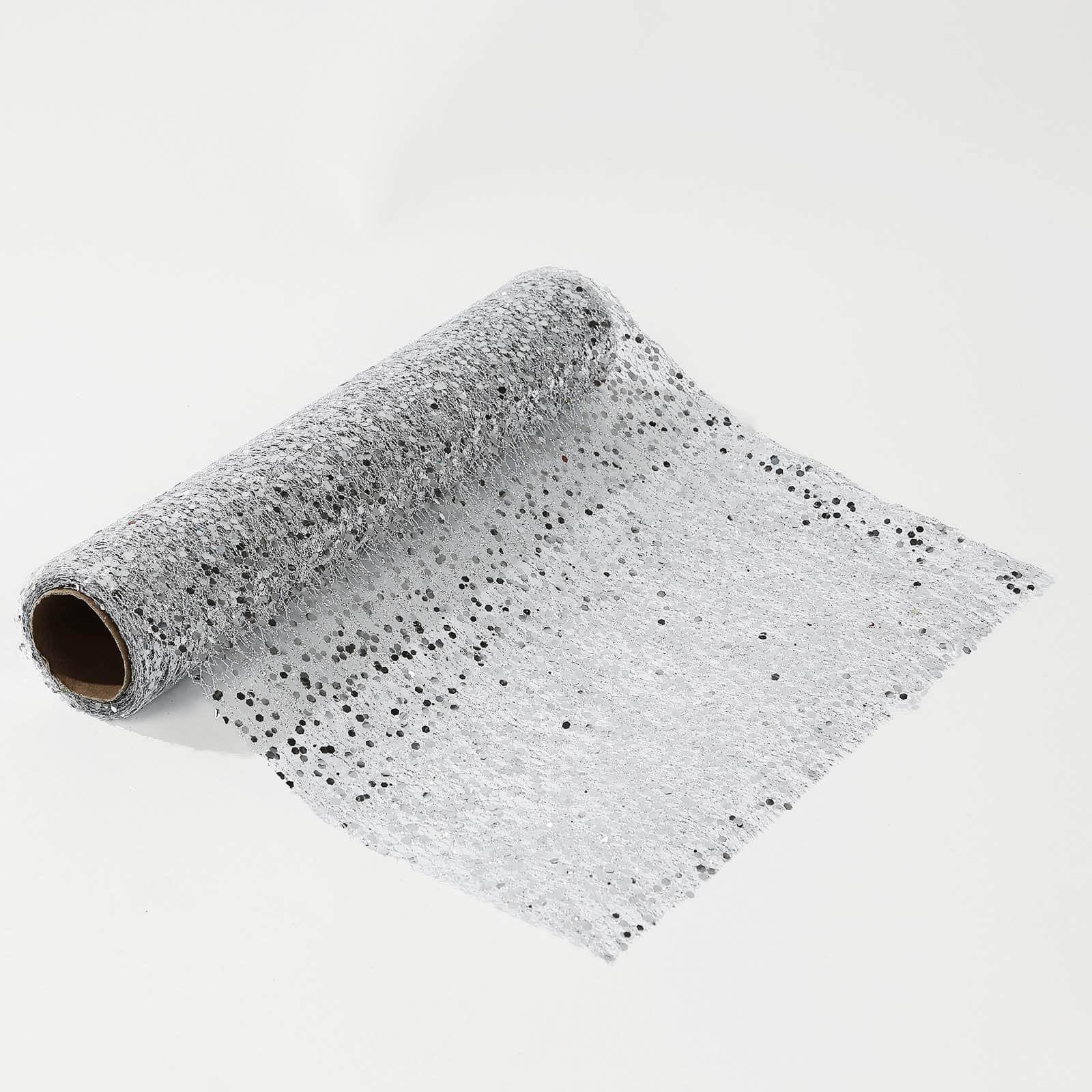 Mesh 11"x108" Table Runner Metallic Silver - Sequin Design for Convenient Event Decoration