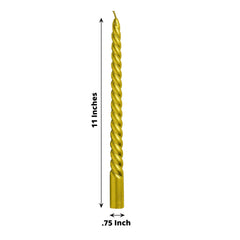 12-Pack Taper Candles Spiral Long Burn Wick Design Gold - Premium Unscented Wax Dinner Candle Sticks 11"