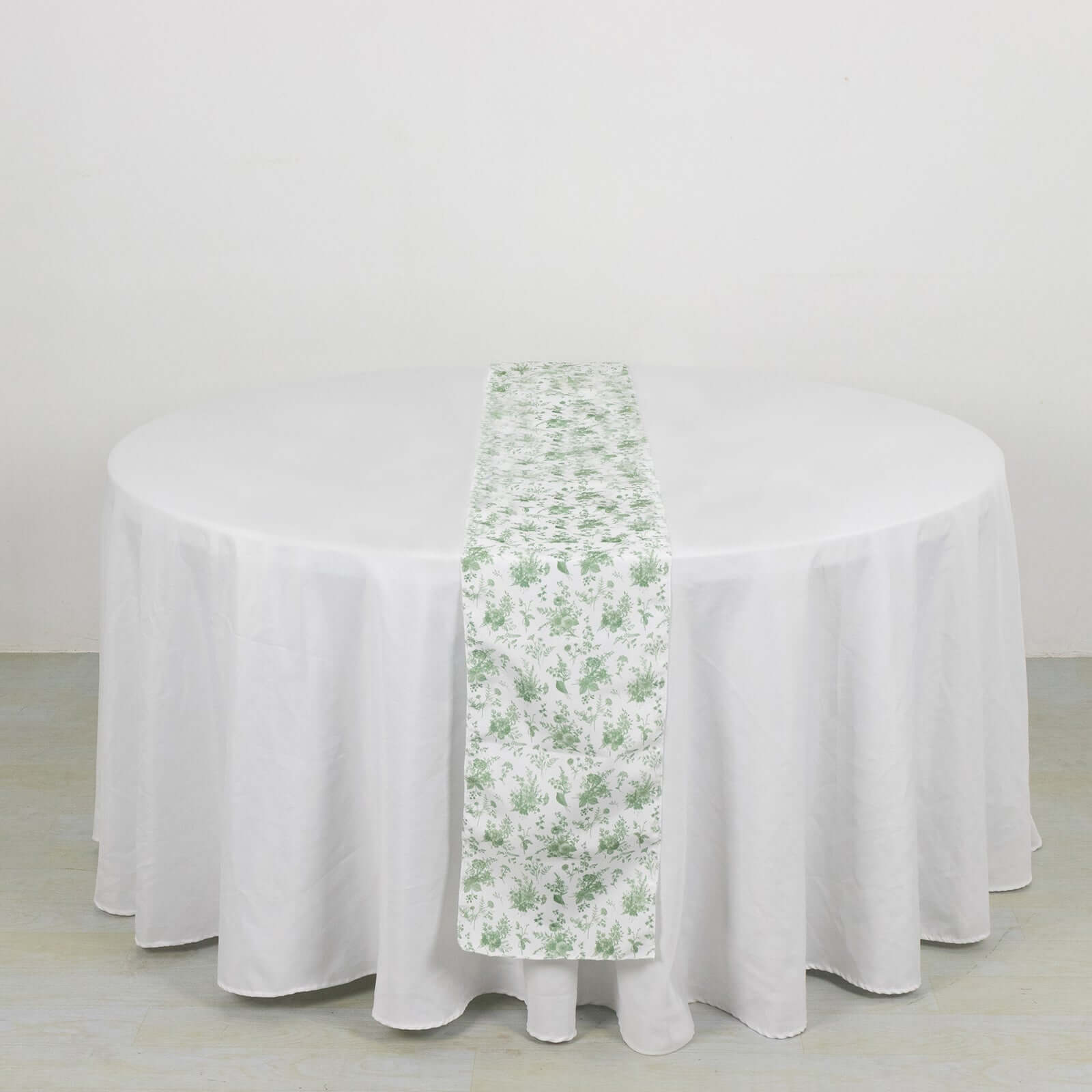 Polyester 12"x108" Table Runner Dusty Sage Green French Toile Floral Print - Upscale Dining Table Decor