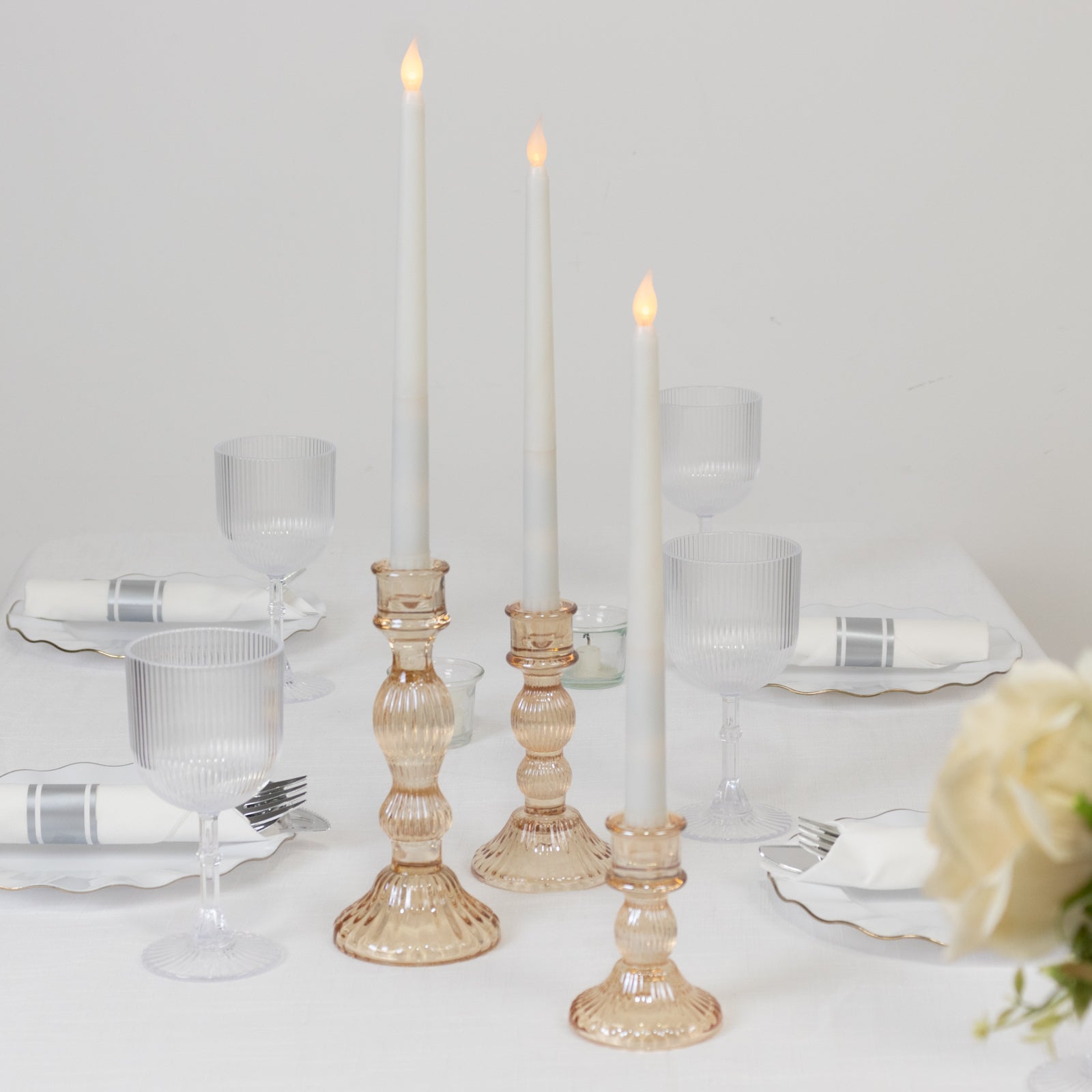 Set of 3 Amber Gold Ribbed Glass Taper Candlestick Holders, Fluted Crystal Candle Stands - 4", 6", 8"