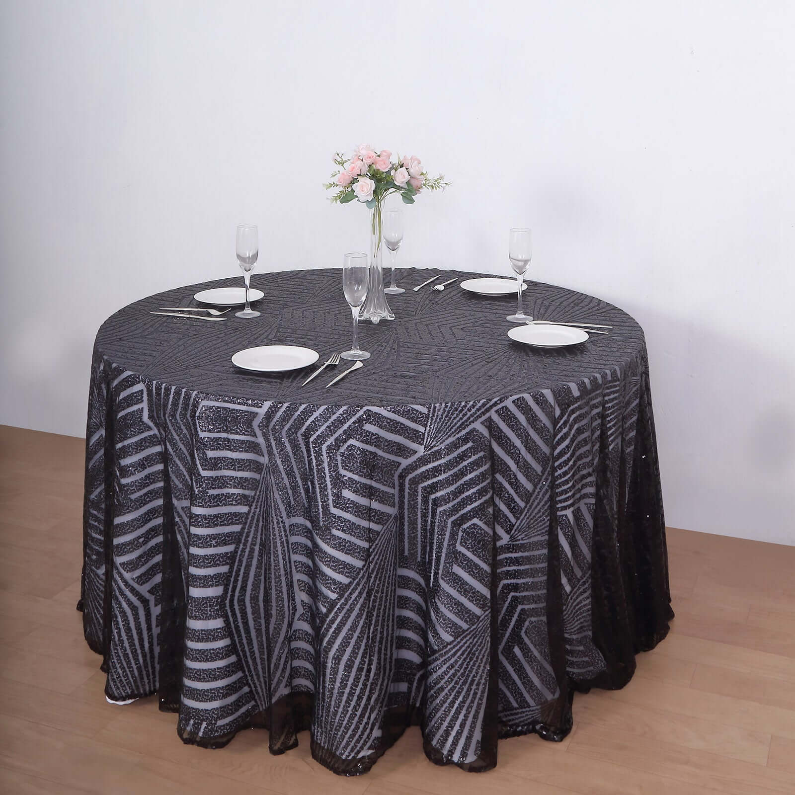 Sequin 120" Round Tablecloth Black - Seamless Diamond Glitz Table Cover