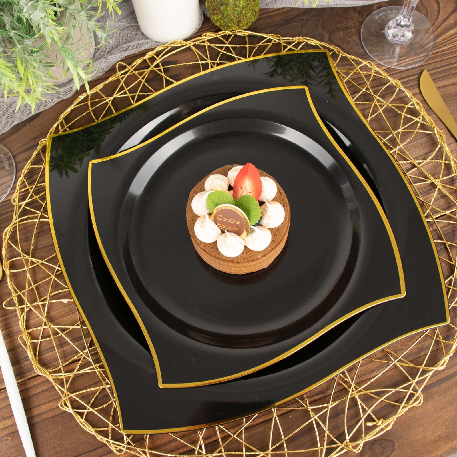 10-Pack Plastic 8" Square Dessert Plates in Black with Gold Wavy Rim Modern - Disposable Salad Appetizer Party Plates
