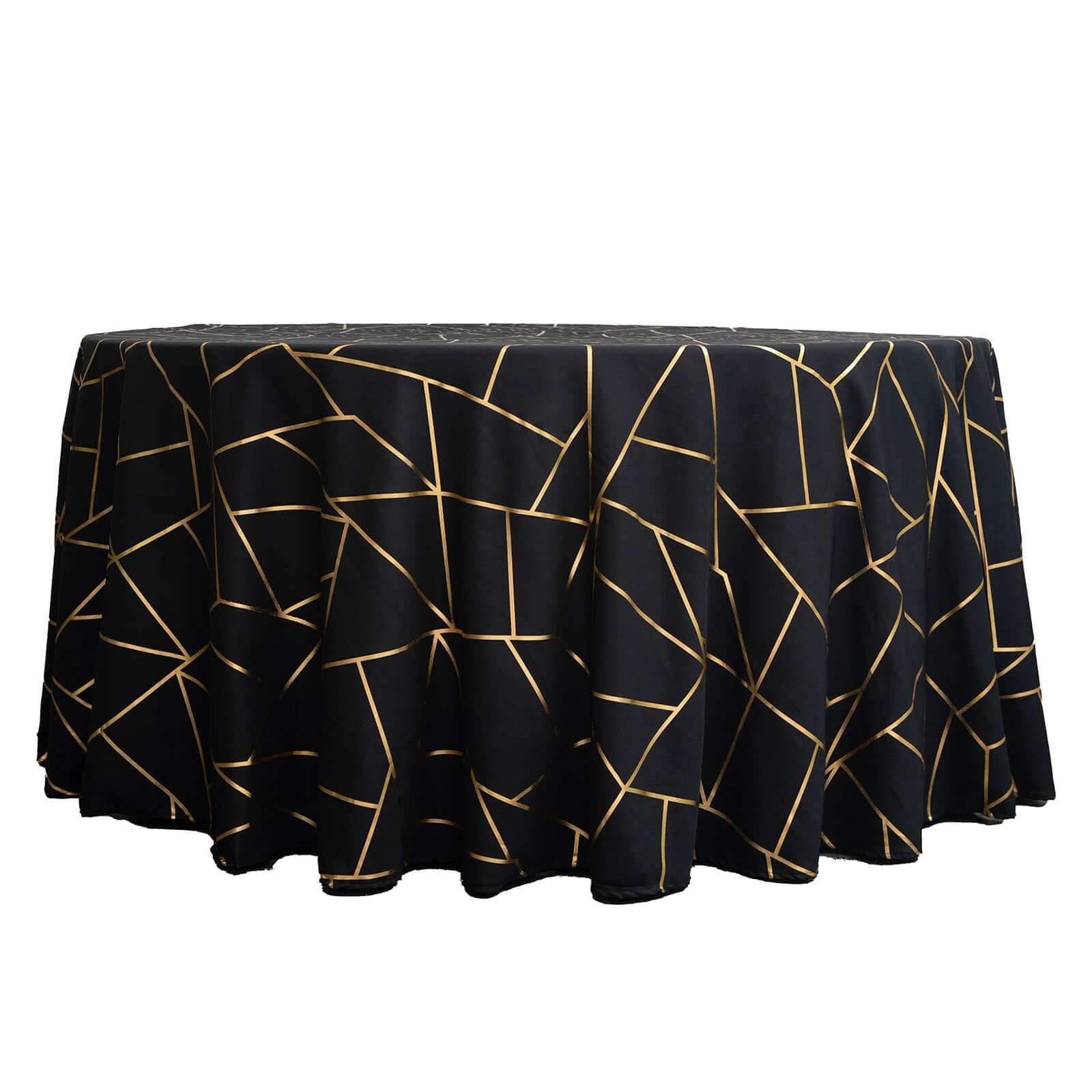 Polyester 120" Round Tablecloth Black with Gold Foil Geometric Pattern Wrinkle-Resistant Seamless Table Cover
