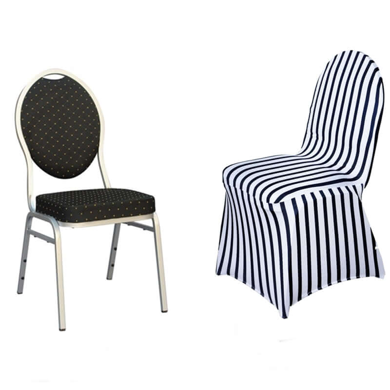 Spandex Chair Cover with Foot Pockets for Banquet Chairs Black/White Striped - Durable Stretch Fitted Slipcover for Weddings & Gatherings
