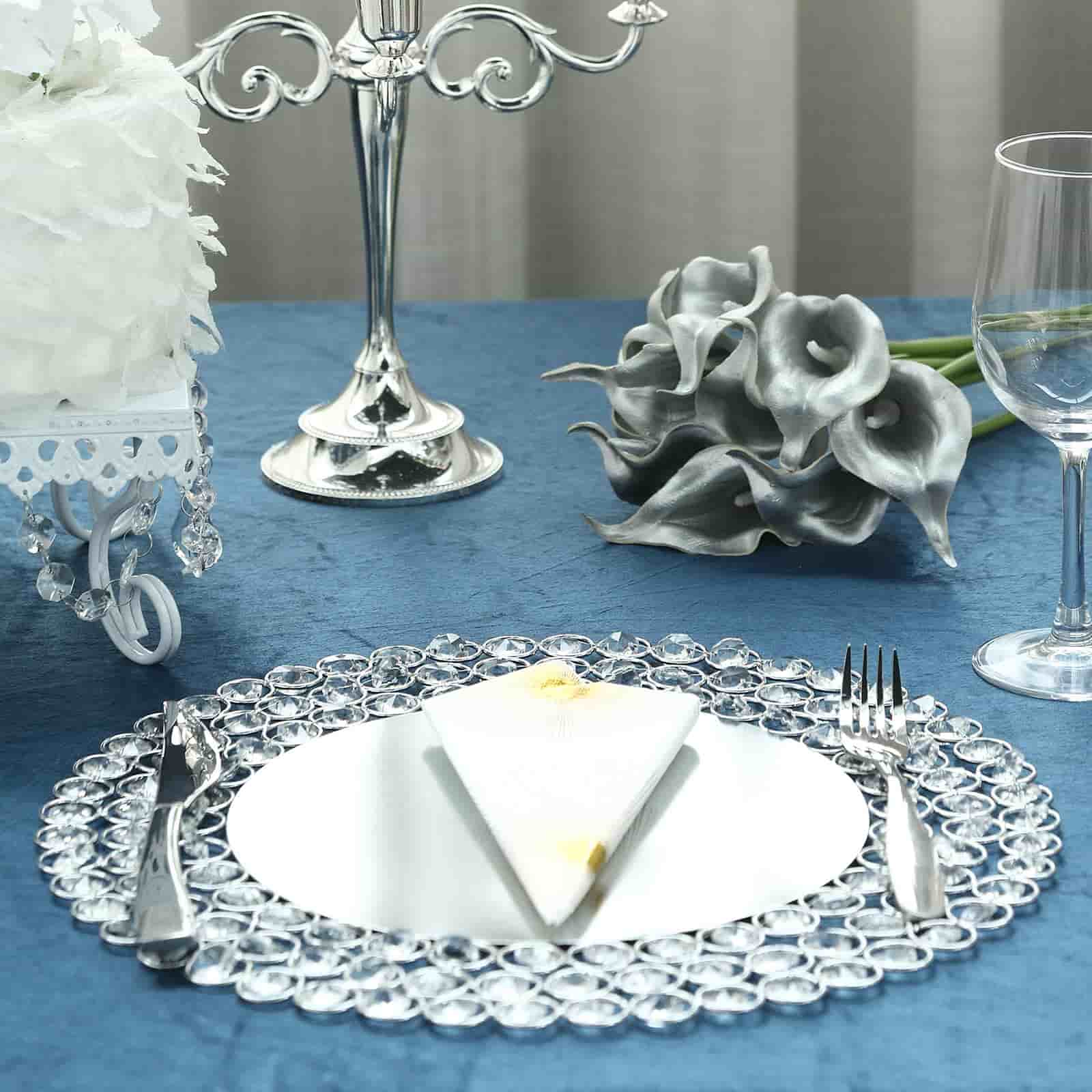 Wired Metal Round Charger Plate 14" in SIlver with Acrylic Crystal Beads, Glamorous Decorative Dinner Charger Tableware
