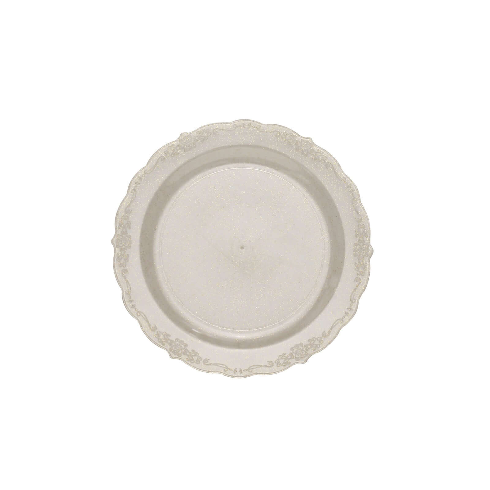 12-Pack Plastic 7" Round Salad Plates Clear with Gold Glitters & Floral Edge