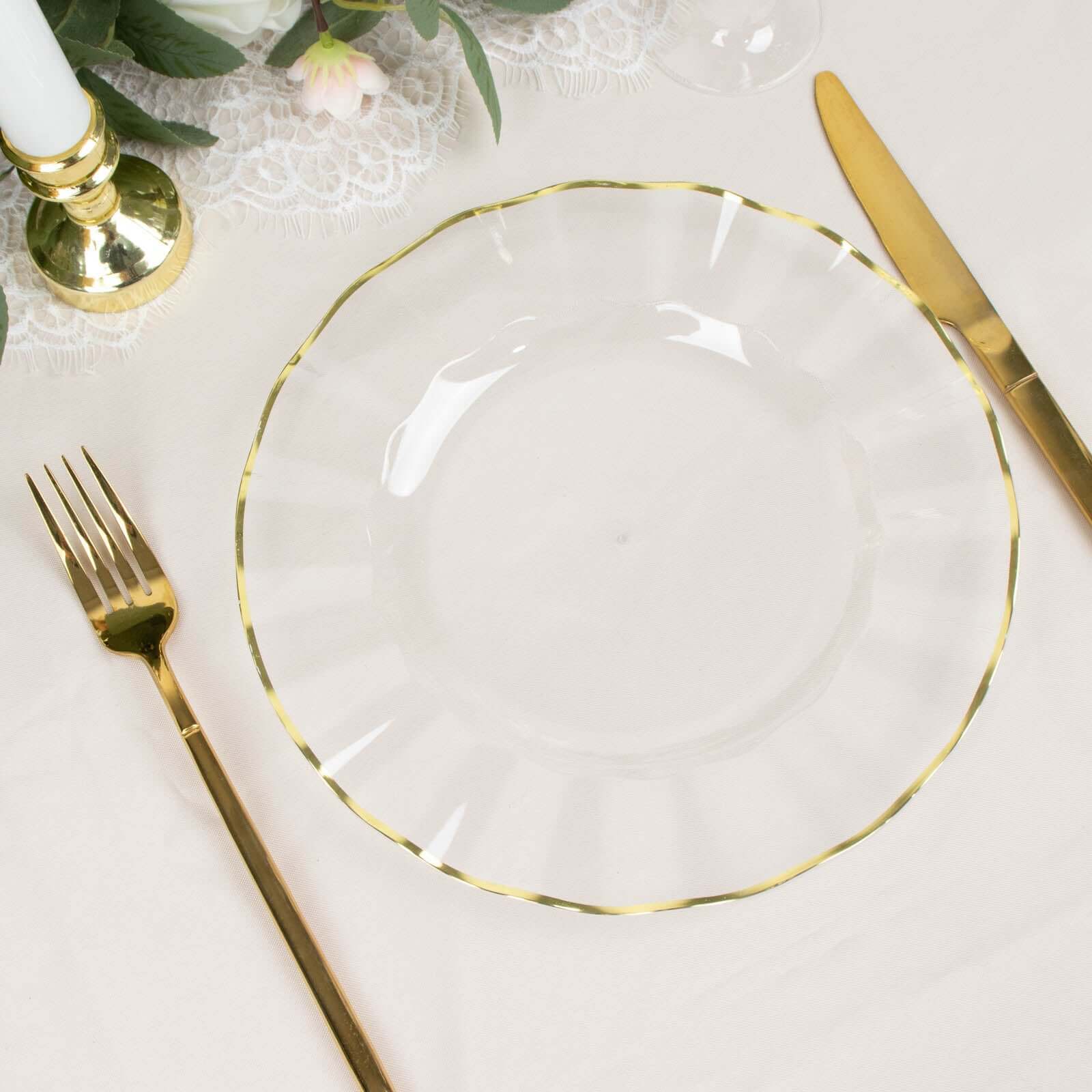 10-Pack Plastic 9" Round Dinner Plates in Clear Ruffled Rim with Gold Edging - Sturdy Disposable Dinnerware