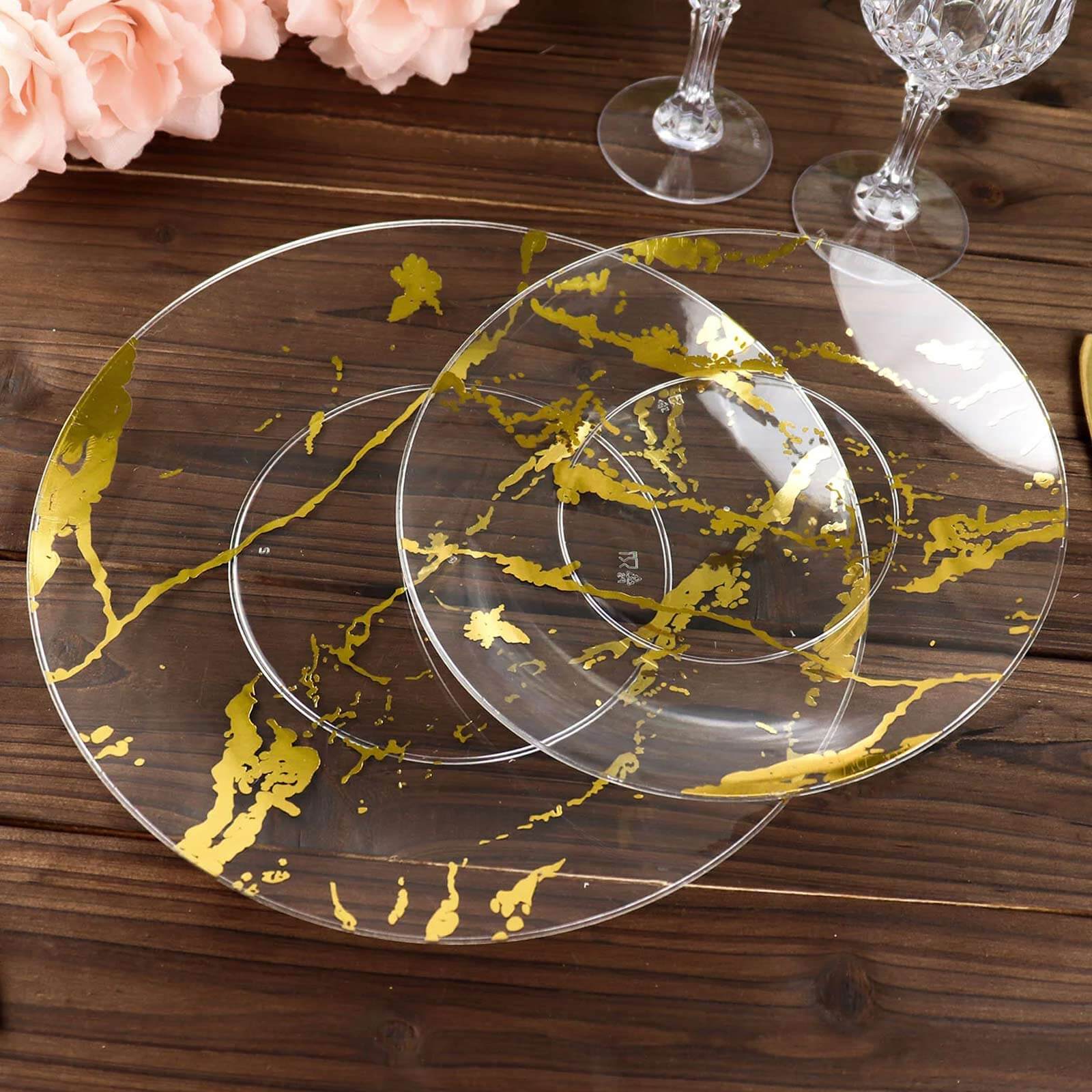10-Pack Plastic 8" Round Dessert Plates in Clear with Gold Marble Print - Disposable Appetizer/Salad Plates for Chic Banquets & Special Occasions