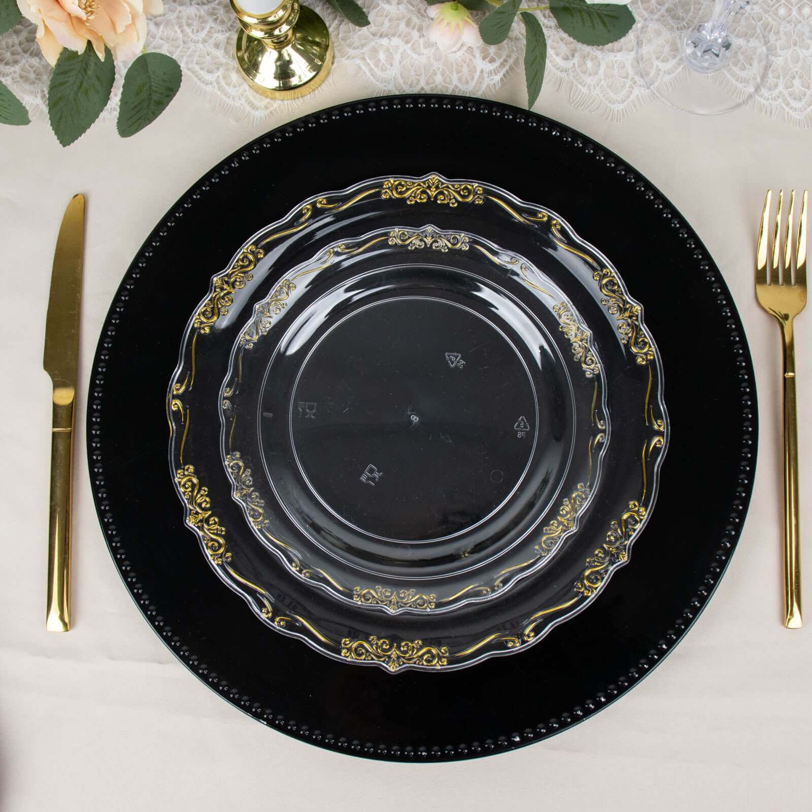 10-Pack Plastic 7" Round Dessert Plates in Clear with Gold Vintage Embossed Rim - Sturdy Disposable Scalloped Edge Salad Plates for Sophisticated Events & Celebrations