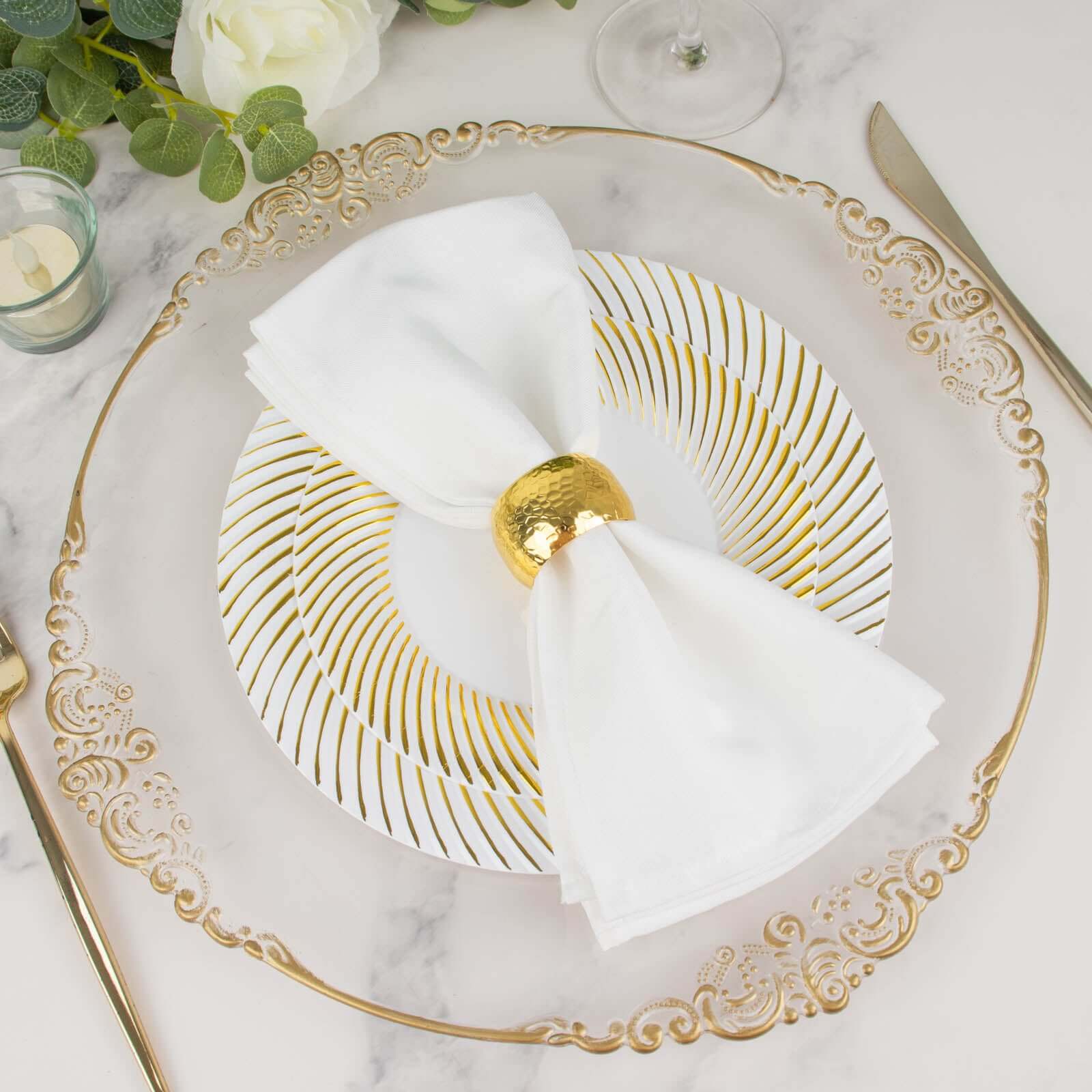 10-Pack Plastic 9" Round Dinner Plates White with Gold Swirl Rim - Disposable Party Plates