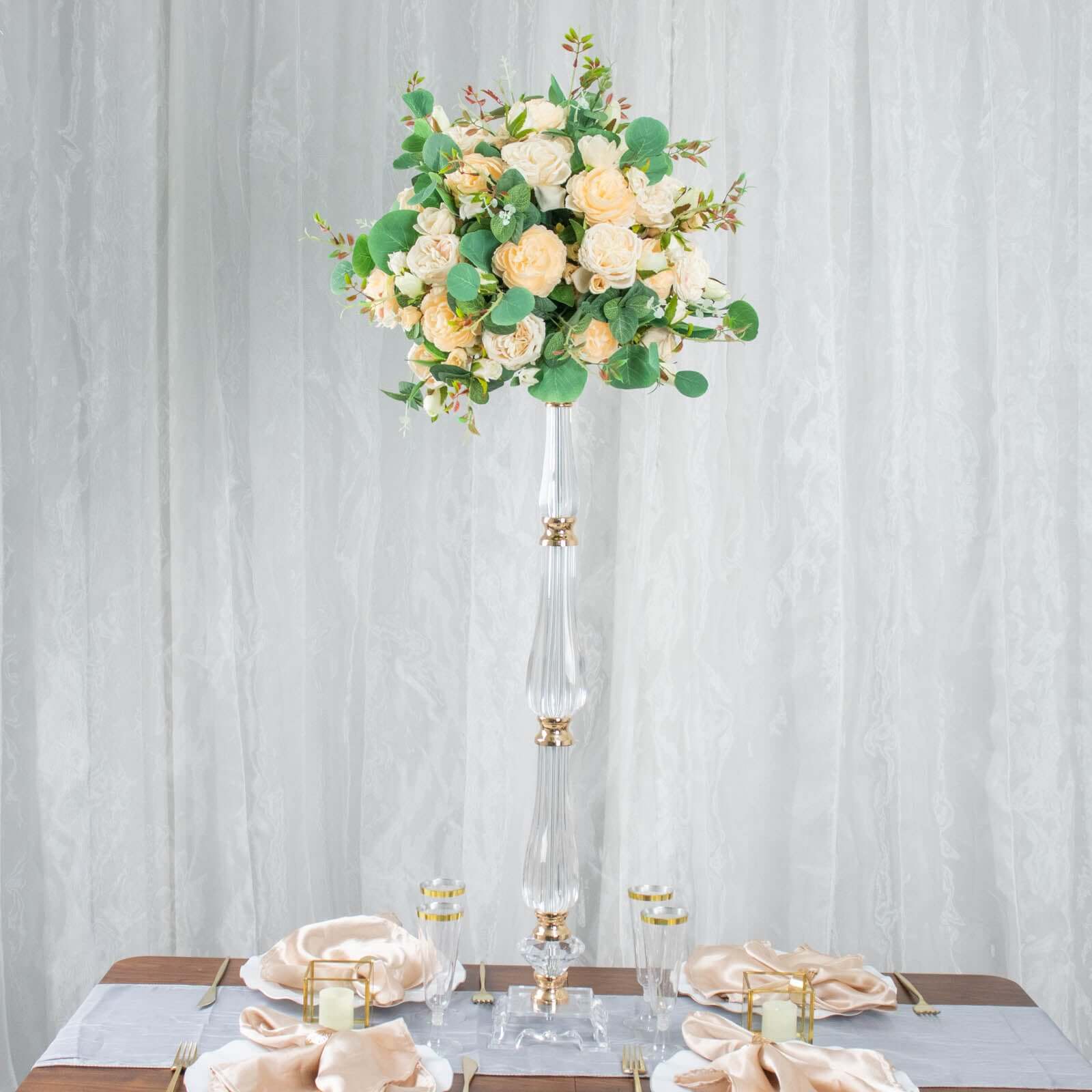 Acrylic Crystal Pillar Candle Stand Gold/Clear - Table Centerpiece and Wedding Flower Bowl Pedestal 32"