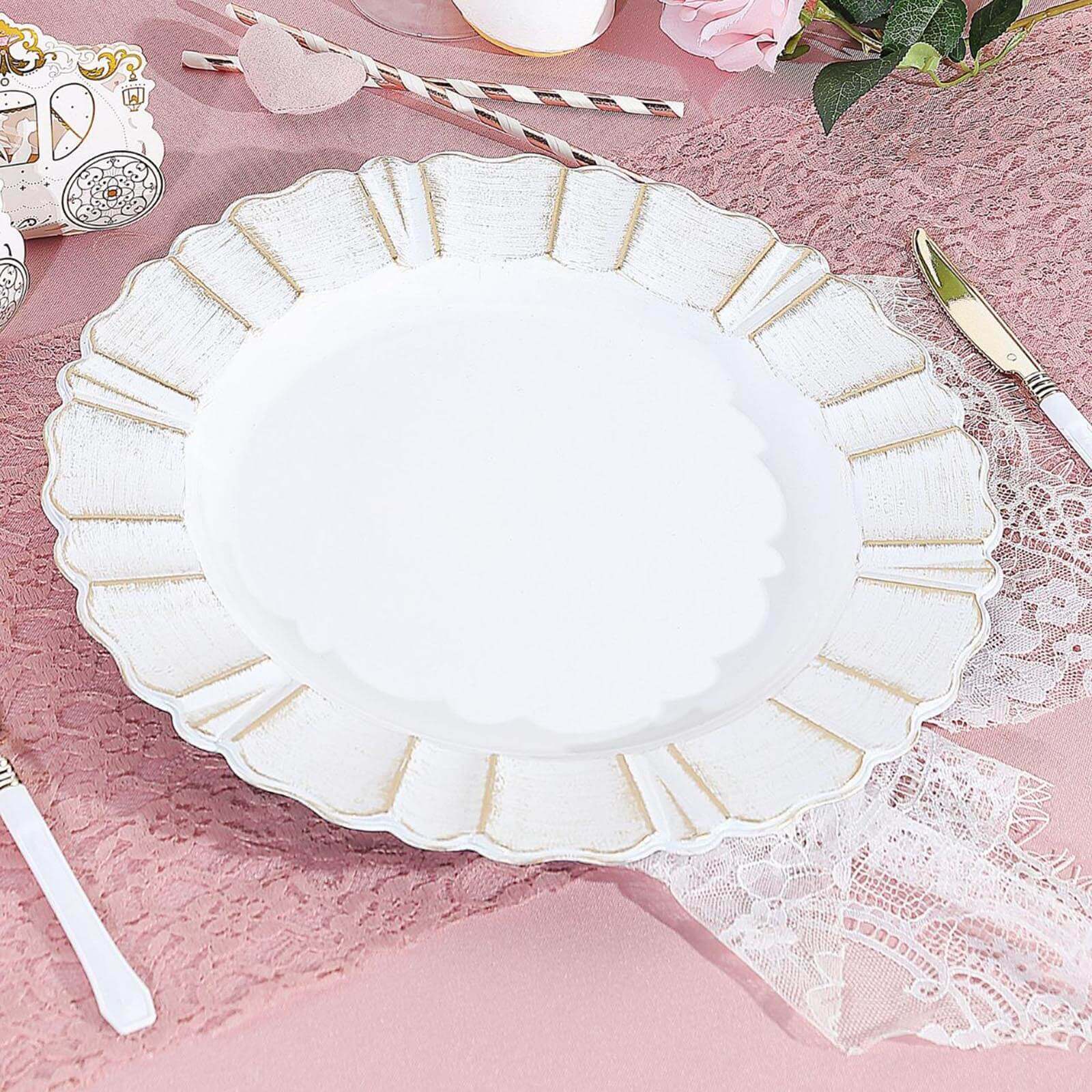 6-Pack Acrylic Plastic Round Charger Plates 13" in White with Gold Brushed Wavy Scalloped Rim, Decorative Dinner Party Charger Tableware
