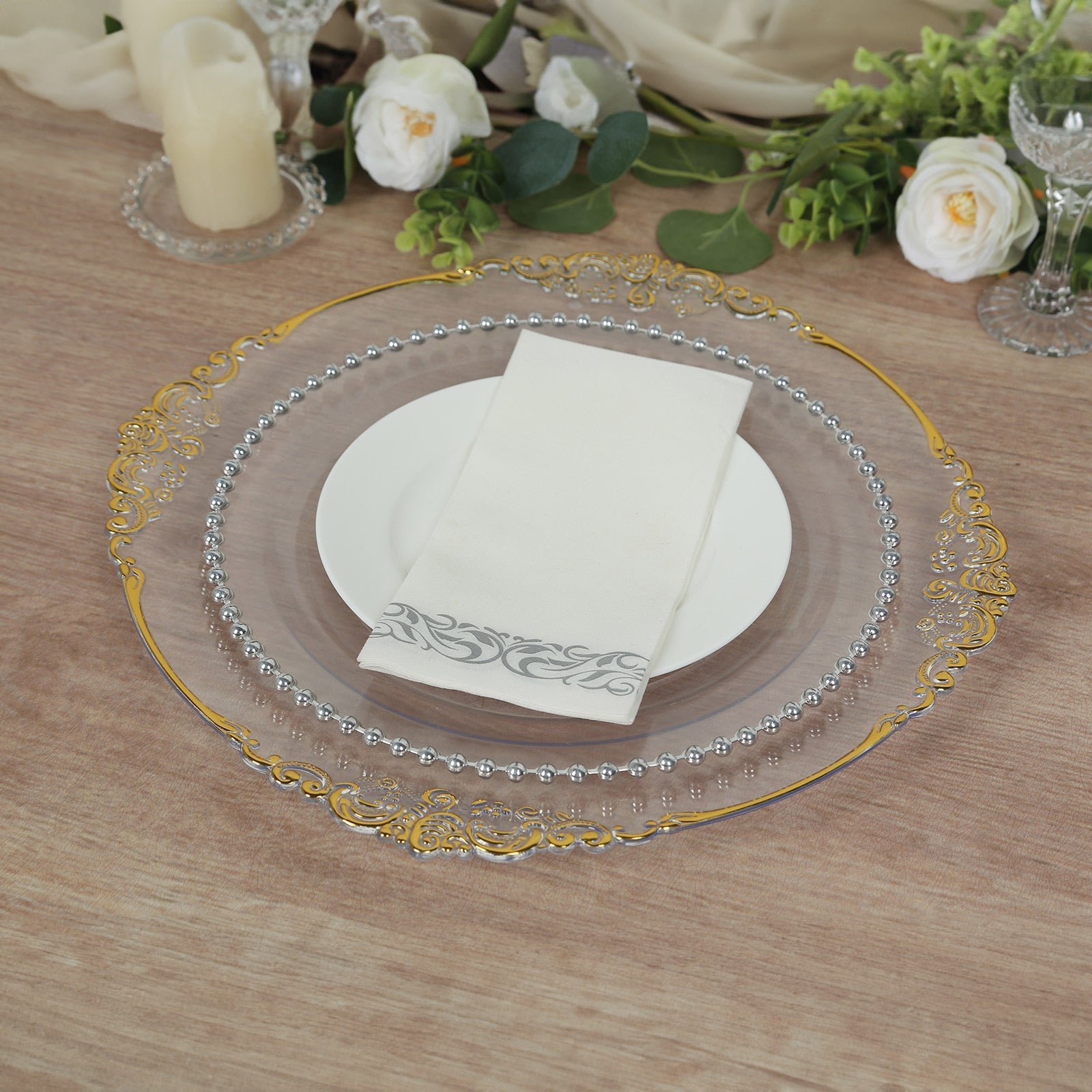 20-Pack Economy Plastic Round Charger Plates 13" in Clear with Gold Embossed Baroque Rim, Stylish Dinner Party Serving Plates