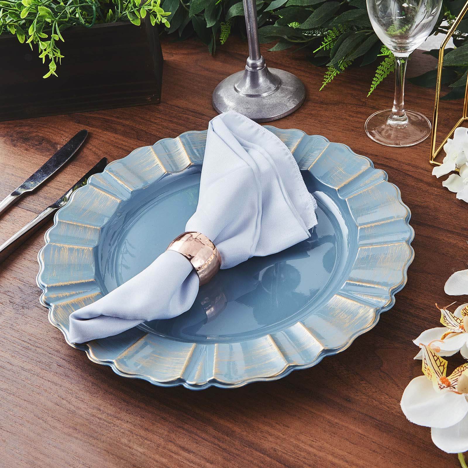 6-Pack Acrylic Plastic Round Charger Plates 13" in Dusty Blue with Gold Brushed Wavy Scalloped Rim, Decorative Dinner Party Charger Tableware
