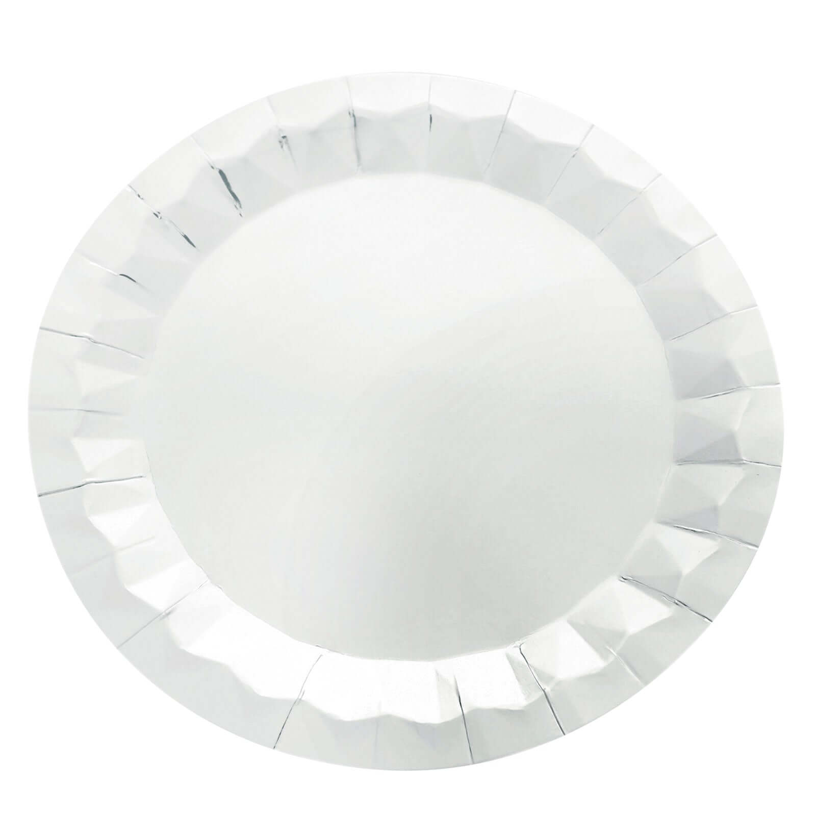 25-Pack Paper 12" Round Charger Plates in Metallic Silver with Geometric Prism Design - Disposable 400GSM Serving Trays